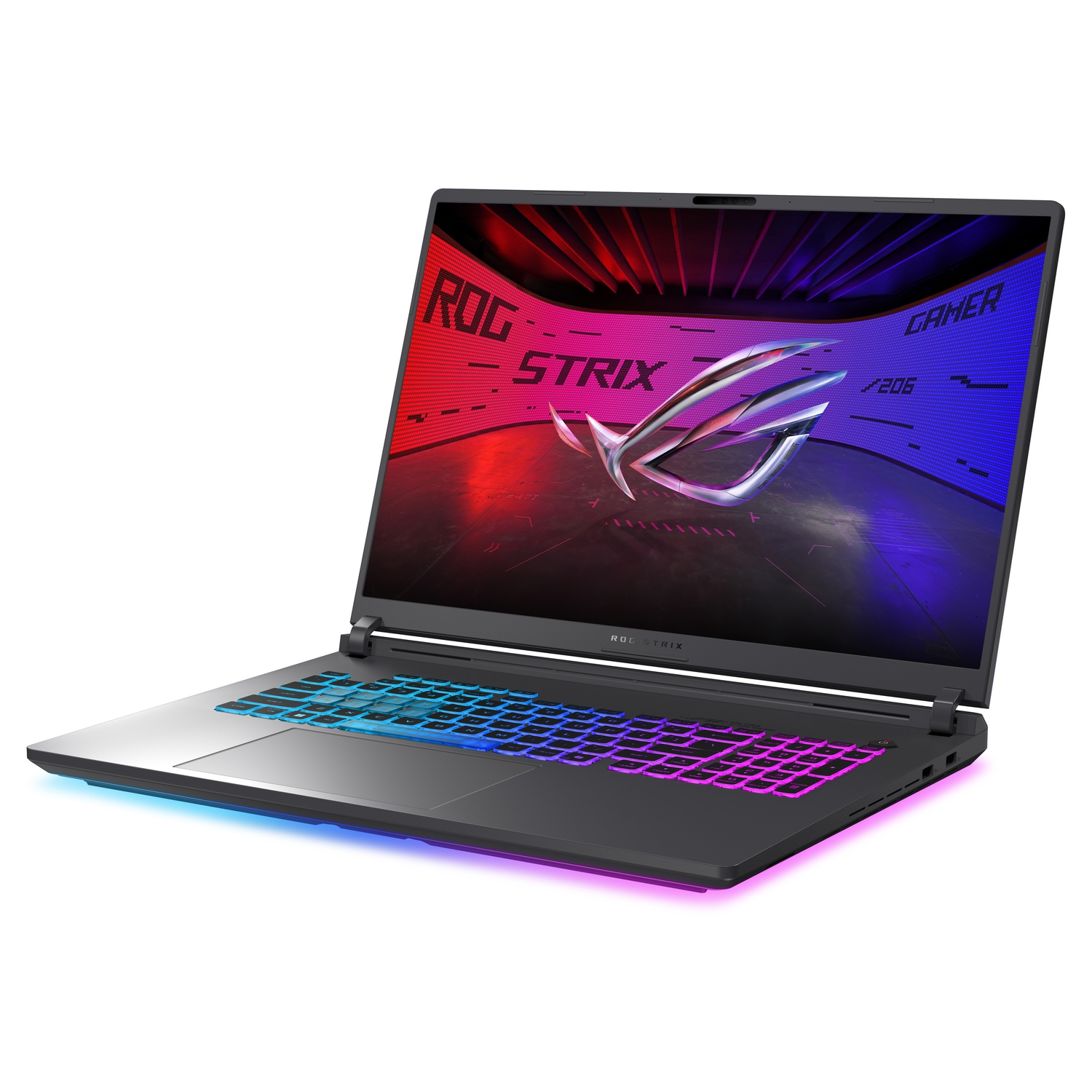 Een zwarte laptop met een kleurrijk toetsenbord. Het ROG Strix logo is zichtbaar op het scherm.