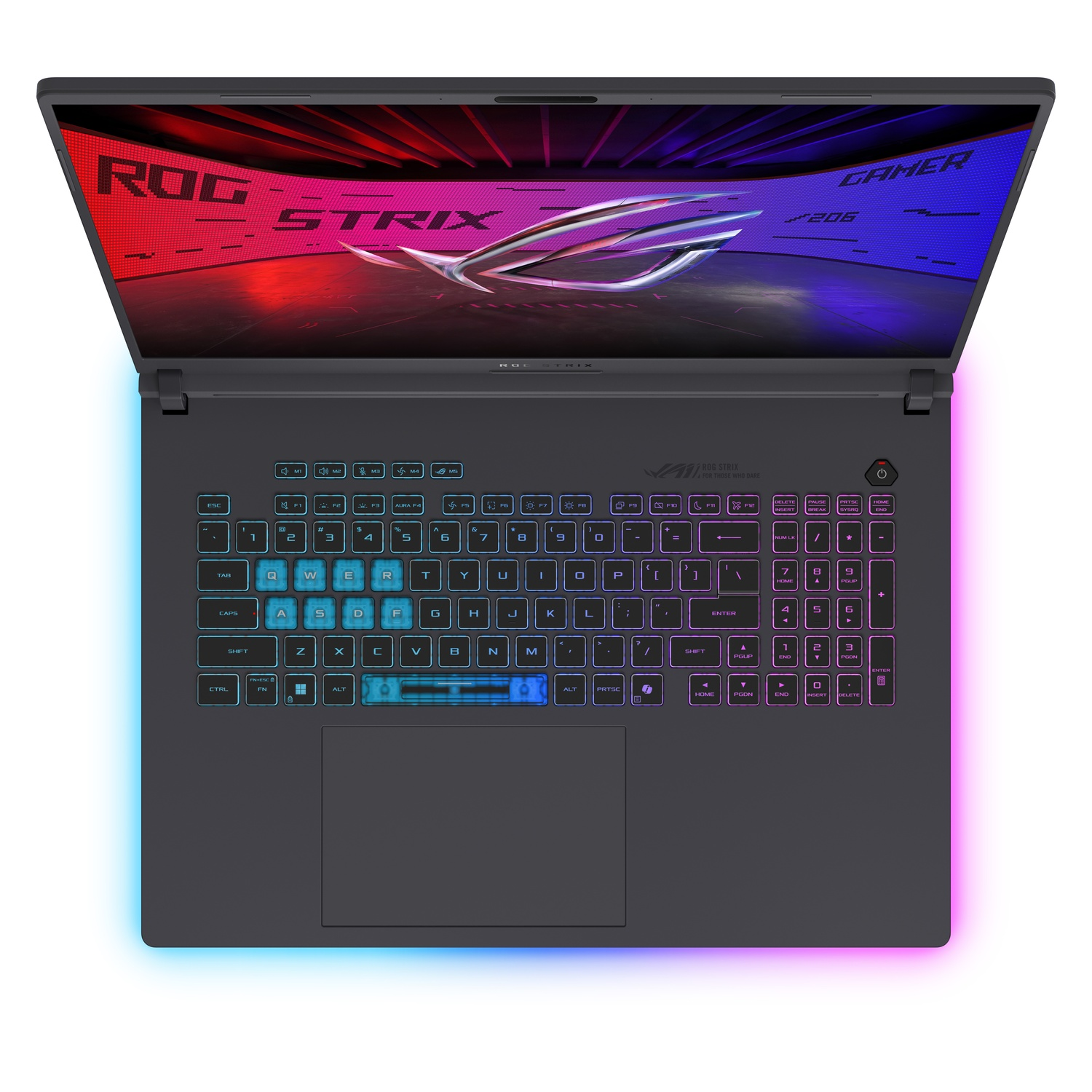 Laptoptoetsenbord met kleurrijke verlichting en een touchpad.