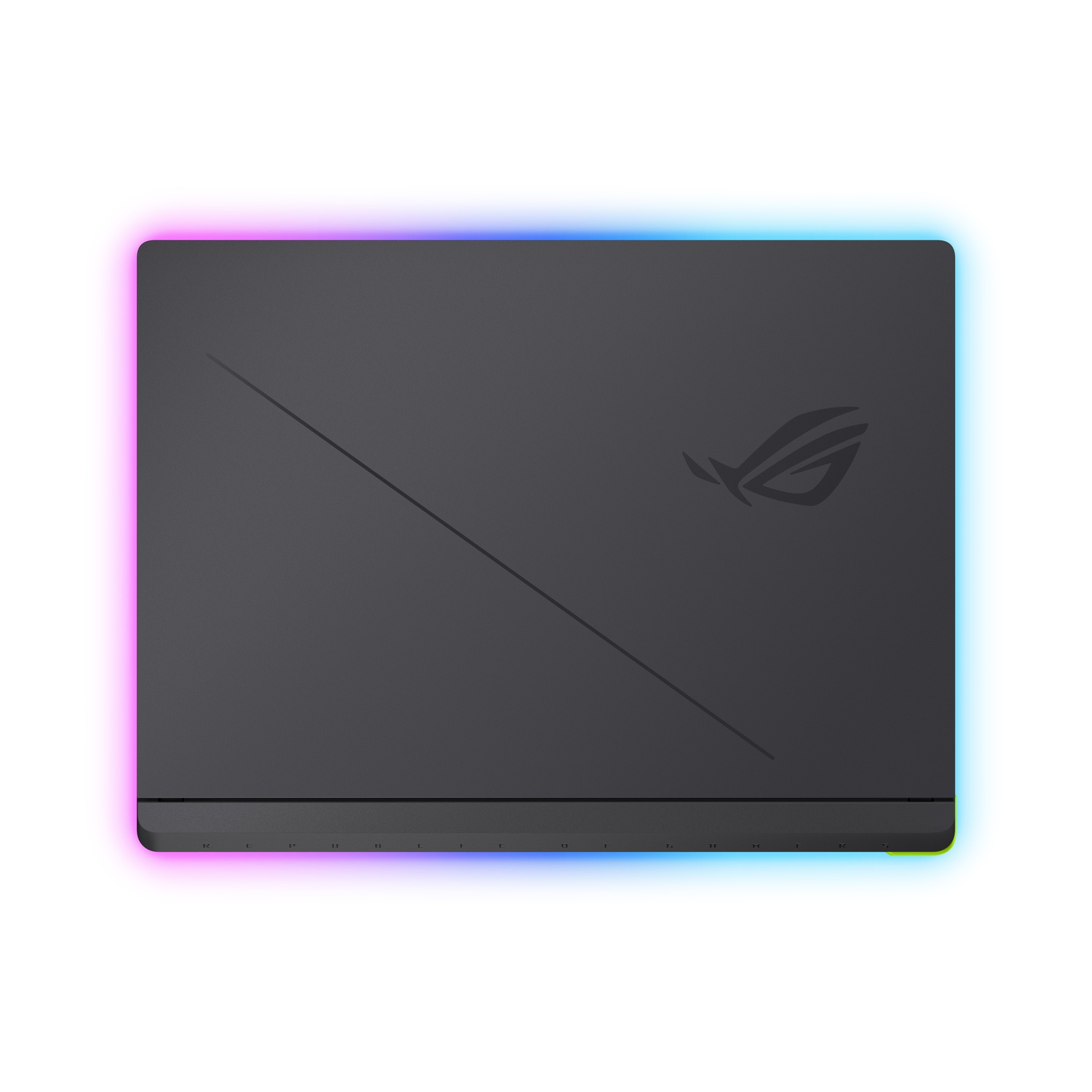 Laptop bovenaanzicht, donkergrijs, met een gloeiende kleurrijke lichtrand. Logo bovenaan.