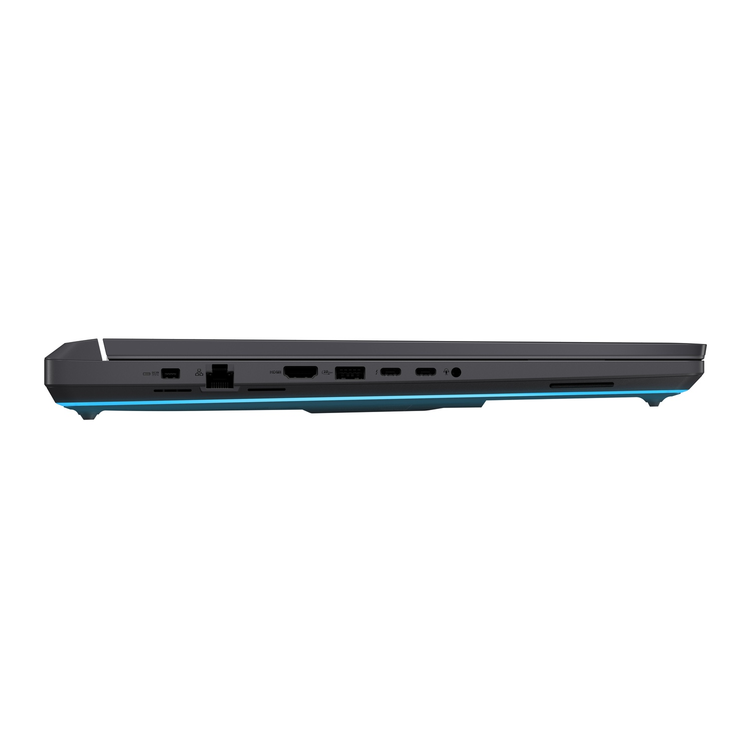 Zwart laptop zijaanzicht met poorten en blauw licht.
