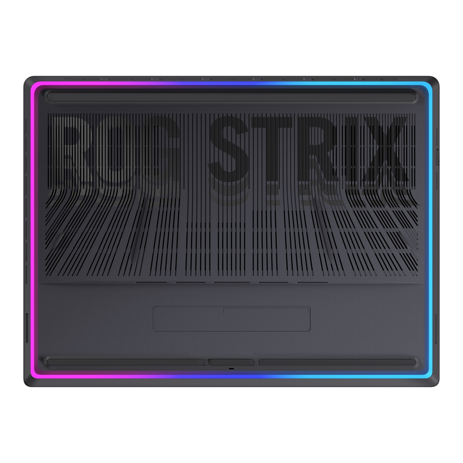 Laptopbodem, met ventilatieopeningen en RGB-lichtstrip. De naam ROG STRIX is zichtbaar.