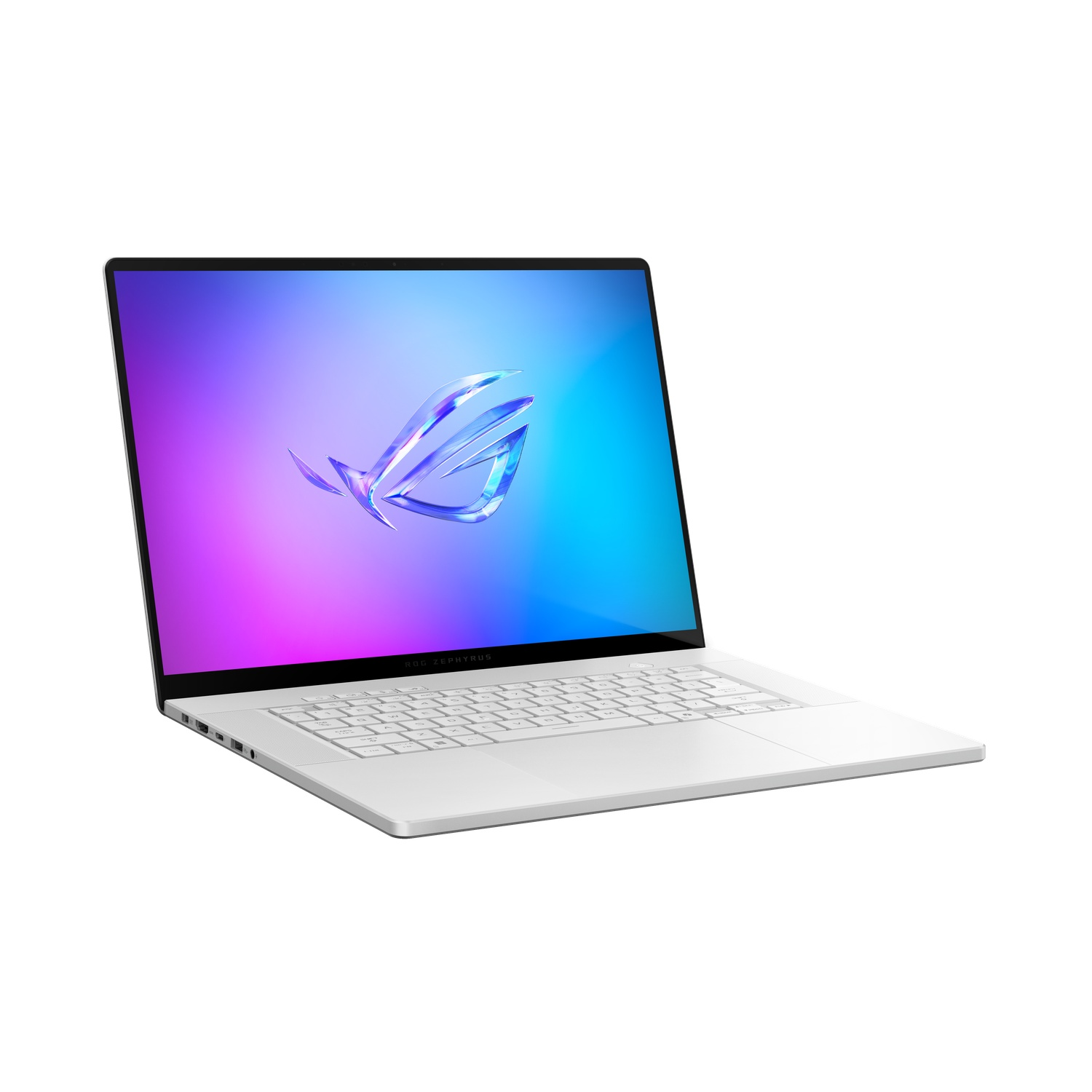 White laptop with a logo on the screen, on a white background, open on a desk.
