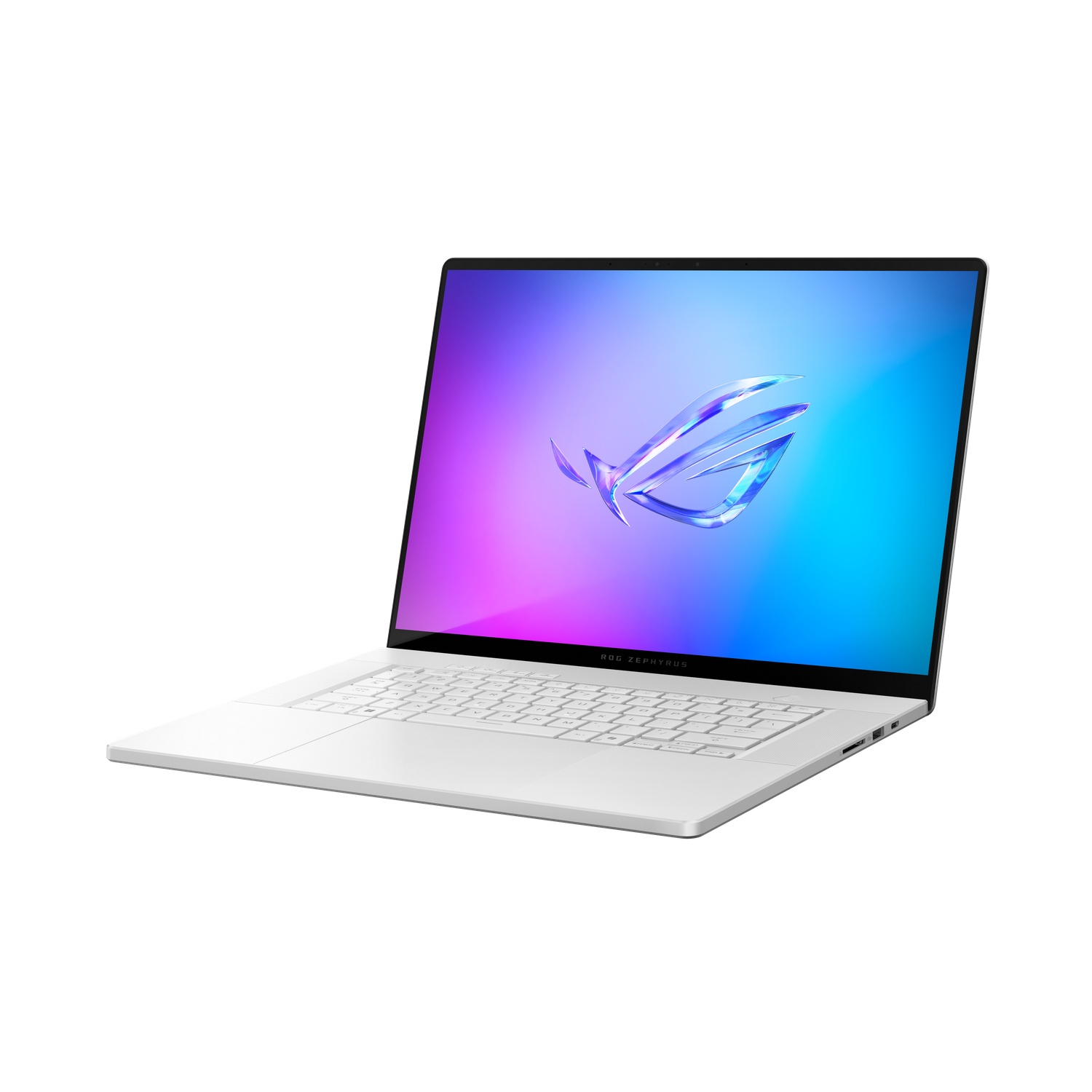 A white laptop with a lit screen displaying a colorful abstract image.