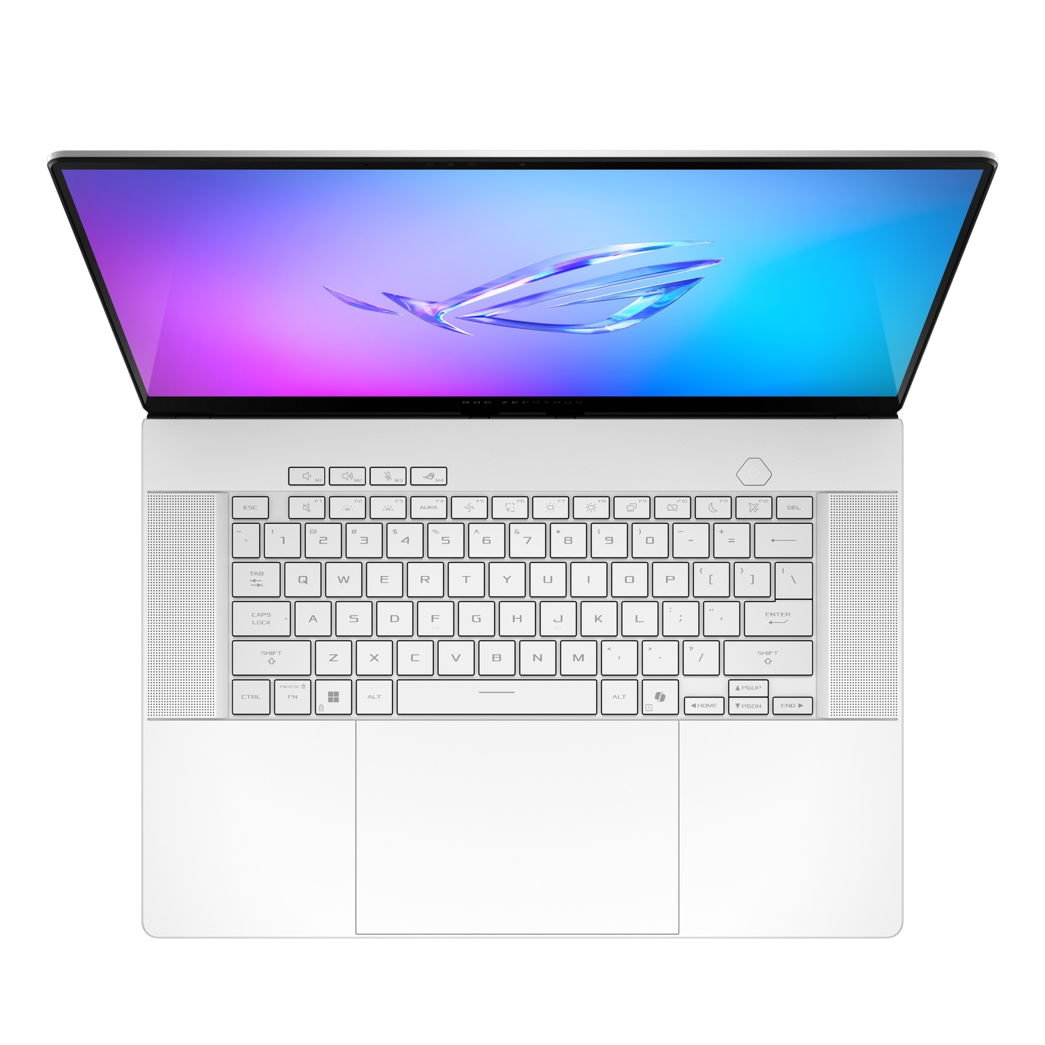 A white laptop, top view, with the screen open, showing a colorful display, keyboard visible.