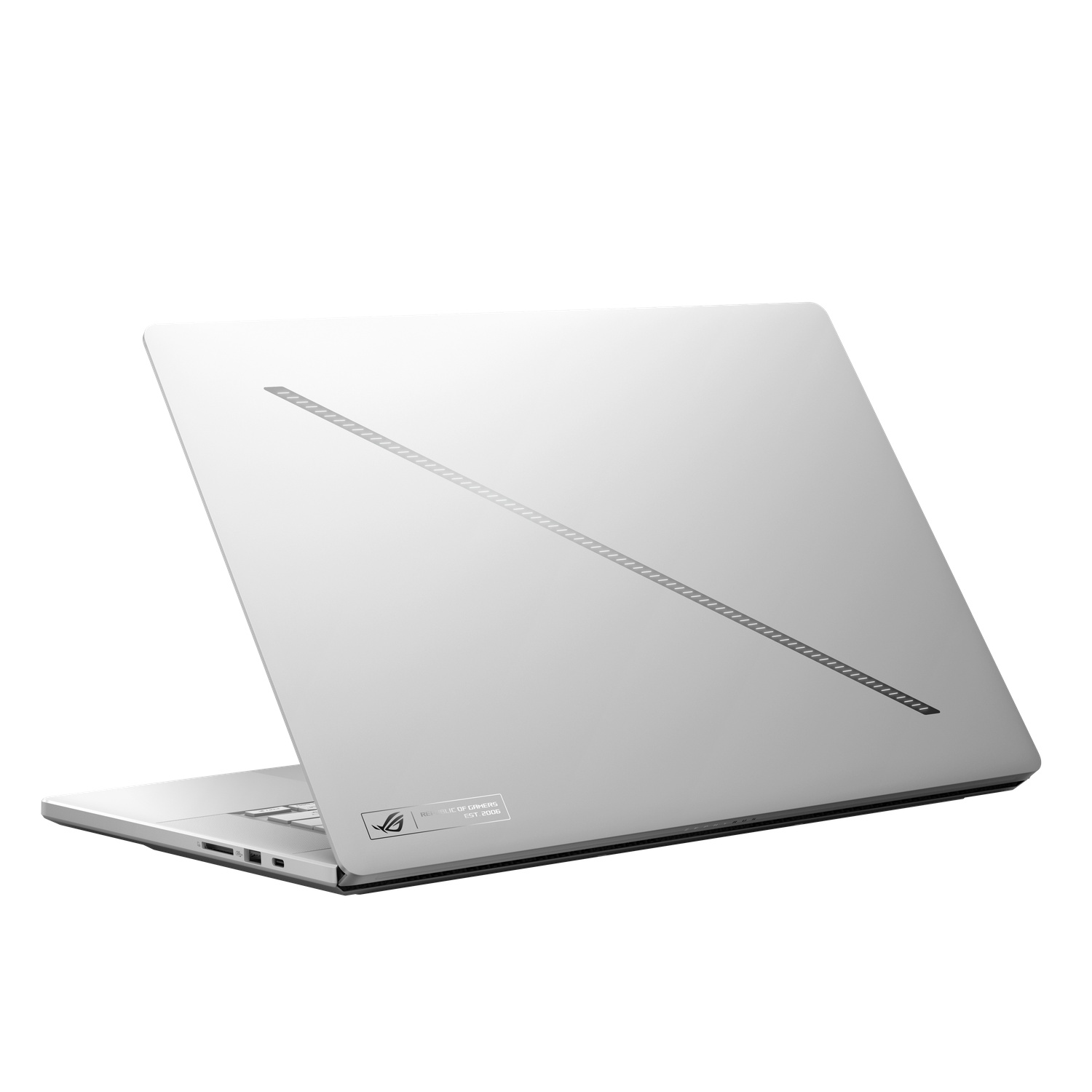 A silver laptop's back is visible, displaying a linear design. The laptop is open, against a white background.