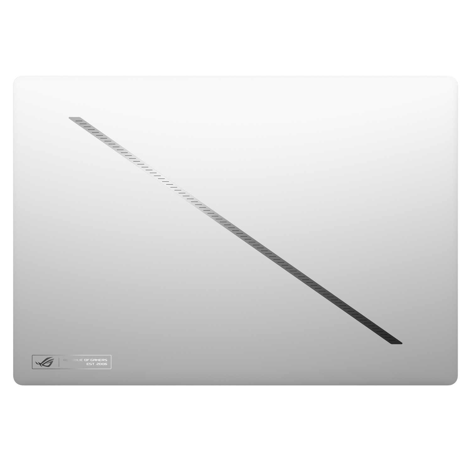 Back of a white laptop with a diagonal black line and a logo.