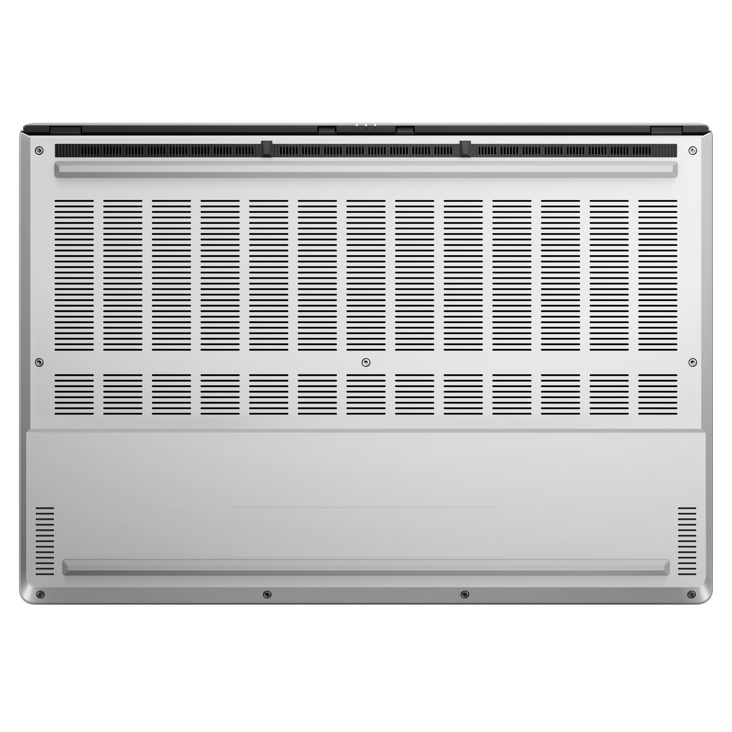 Silver laptop bottom with vents. Black trim and silver body.