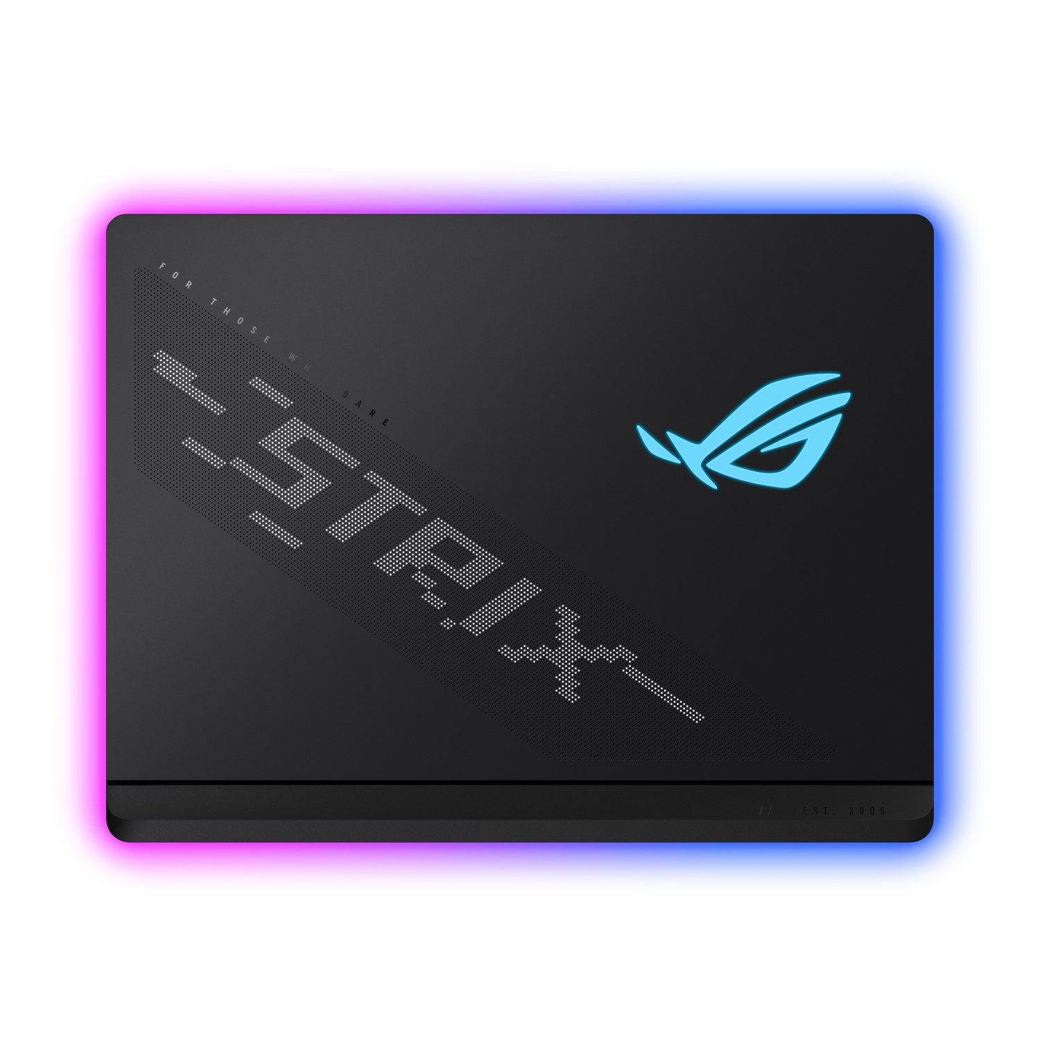 A black laptop lid with a ROG logo and the words 'FOR THOSE WHO DARE'.