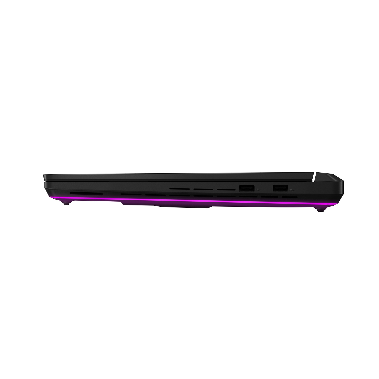 Laptop side profile, black with a pink accent. Black background.