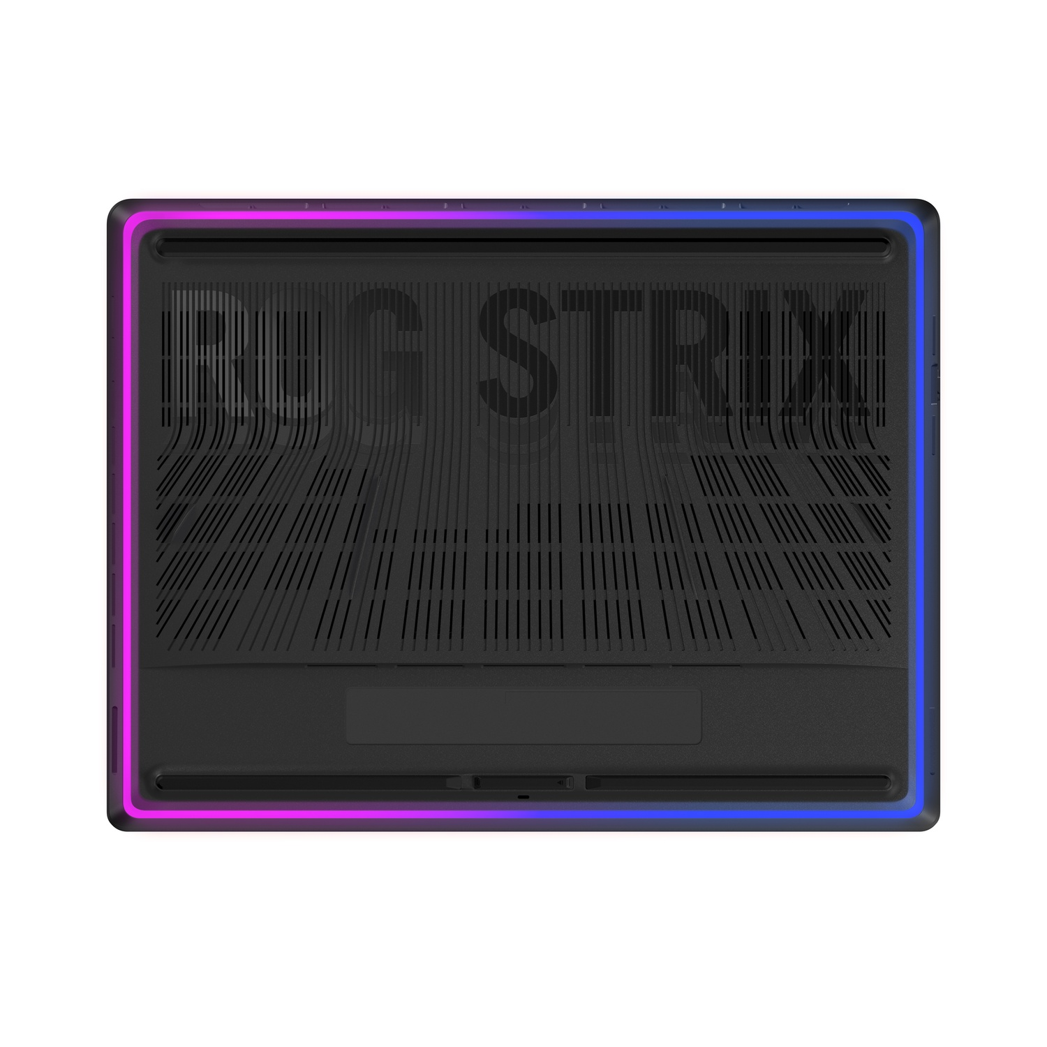 The bottom of a black laptop with ROG STRIX branding and RGB lighting around the edge.