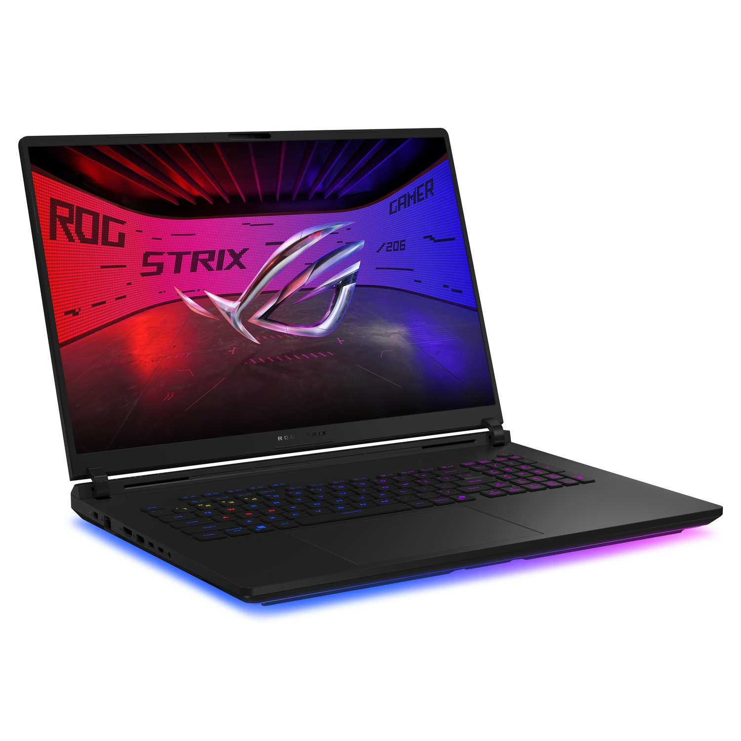 Een zwarte ROG Strix-laptop is opengeklapt en toont een rood-blauw gamingscherm.