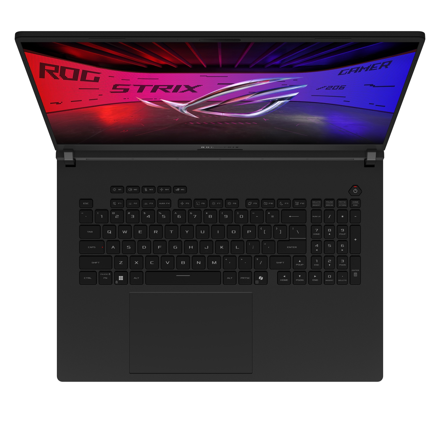 Bovenaanzicht van een laptoptoetsenbord, open. Donkergrijze kleur. RGB-verlichting.