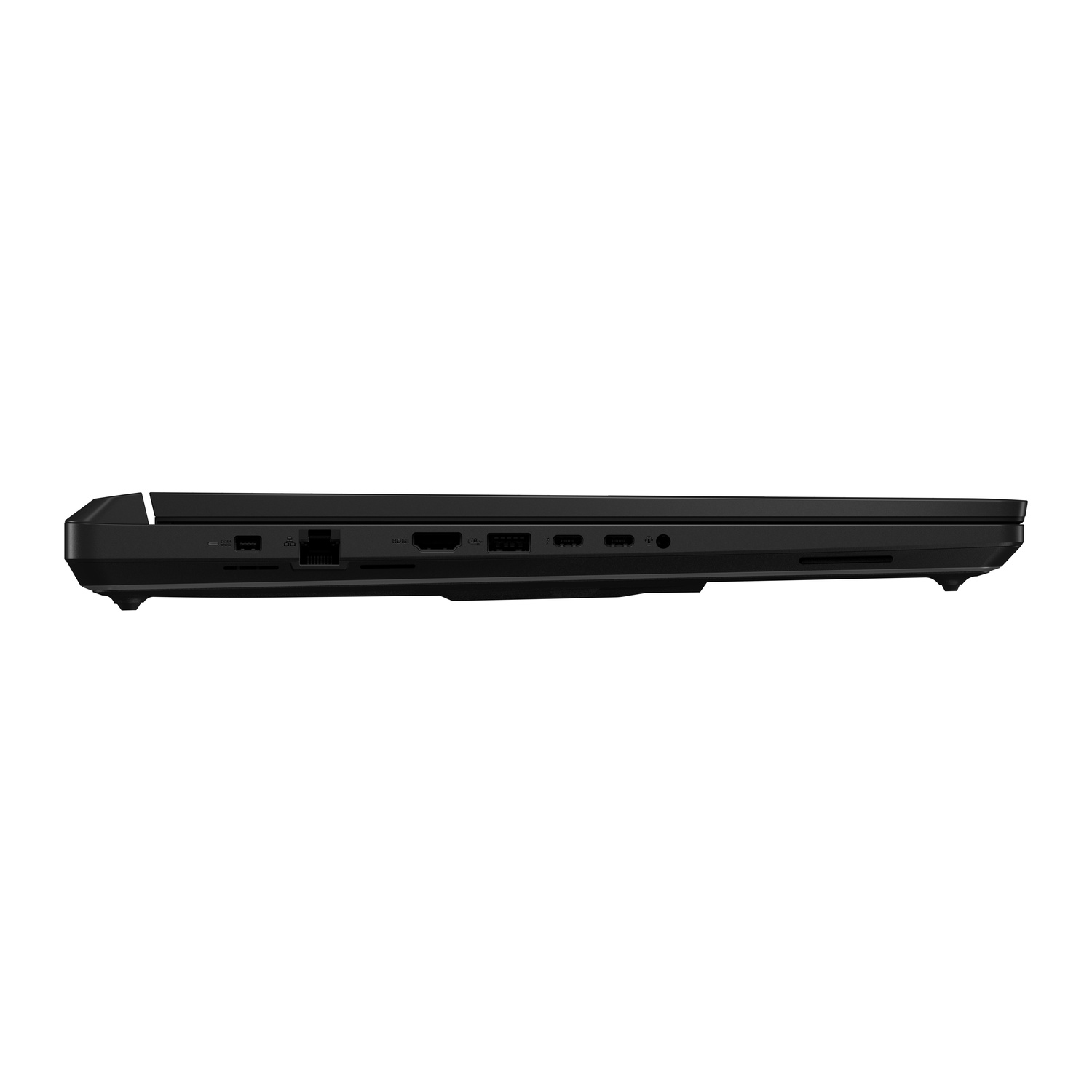 Zwart laptop zijaanzicht met poorten.