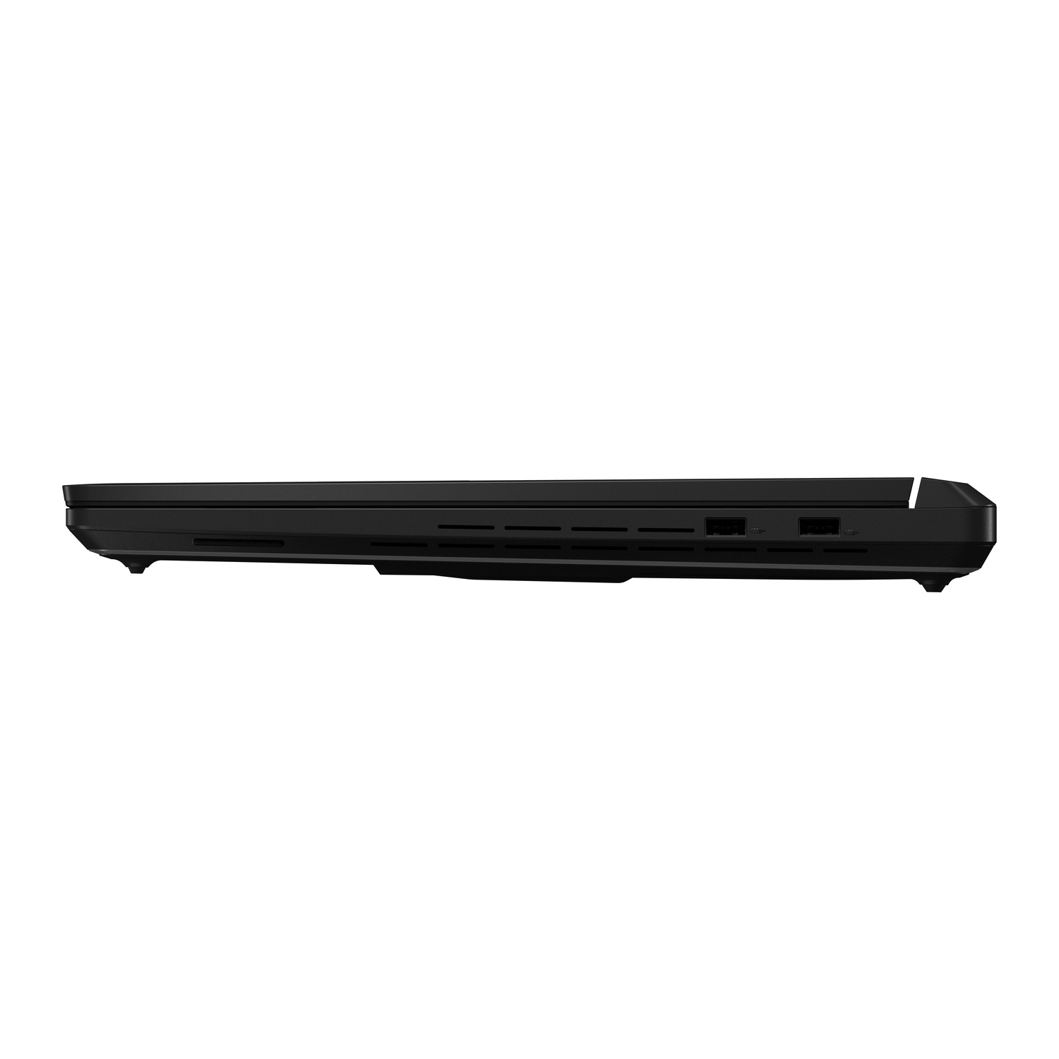 Zijaanzicht van een zwarte laptop met poorten en ventilatieopeningen. De rand van de laptop is zichtbaar.