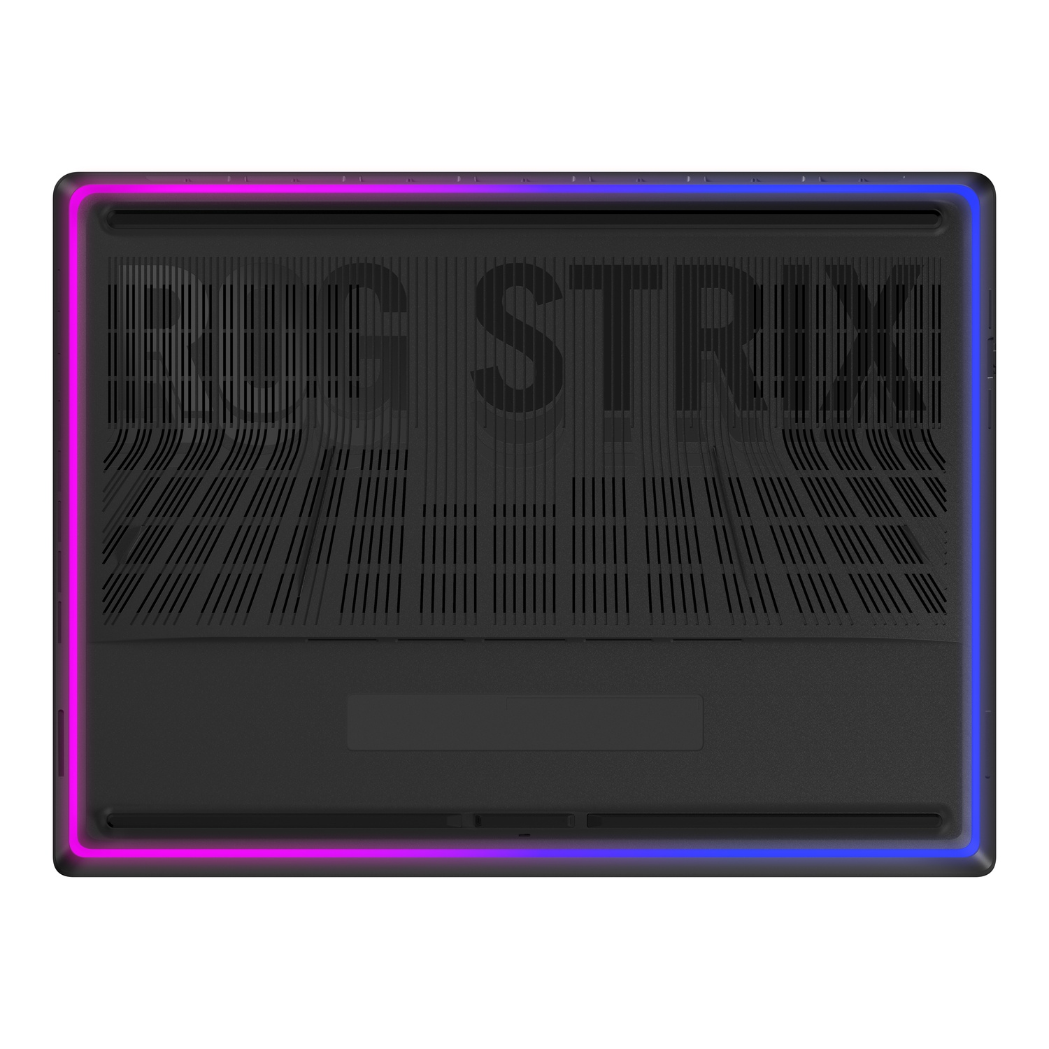 De onderkant van een zwarte laptop met een ROG STRIX-logo en een kleurrijk licht.