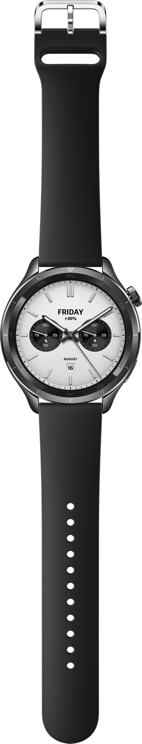 Un reloj de pulsera negro con una esfera blanca. Tiene dos esferas negras y una correa negra. El fondo es negro.