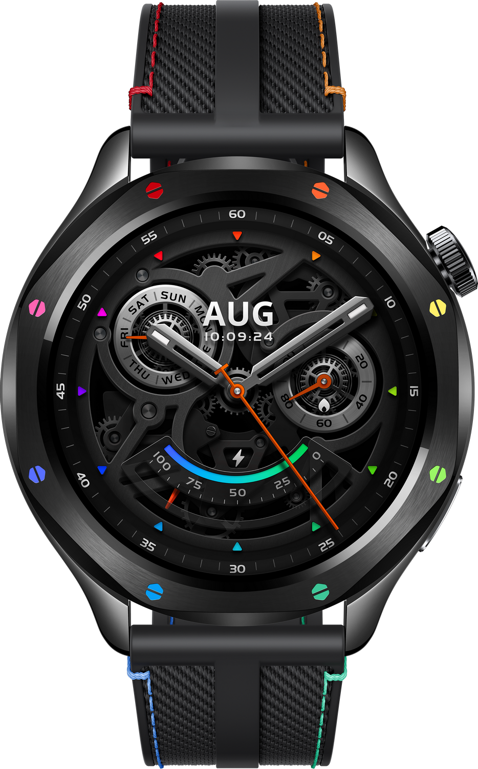 Reloj inteligente negro con pantalla digital que muestra la fecha y hora.