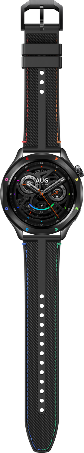 Reloj inteligente negro con correa negra y esfera colorida. La correa tiene costuras naranjas.
