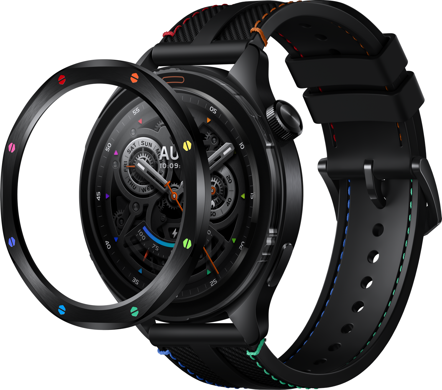 Reloj inteligente negro con correa negra y bisel multicolor.