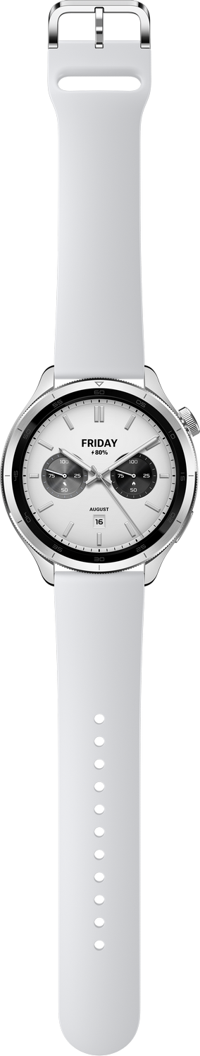 Un smartwatch blanco con correa blanca, bisel plateado y pantalla oscura con manecillas.
