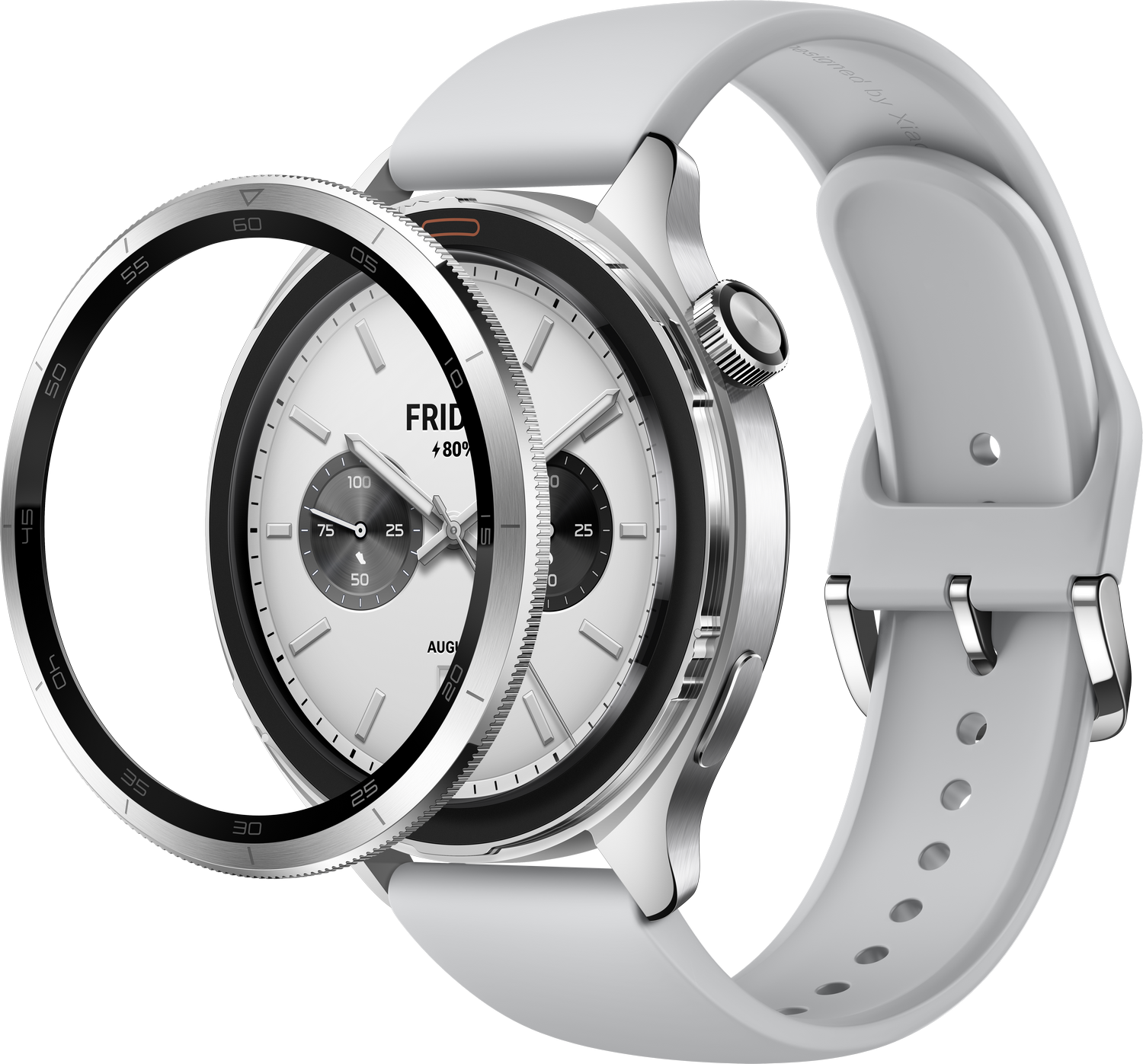 Reloj inteligente blanco con correa blanca, detalles plateados y bisel negro. La esfera muestra la hora y la fecha.