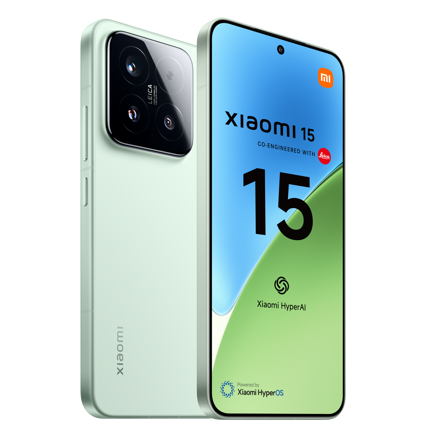 Teléfono Xiaomi 15 verde menta, lentes de cámara Leica en la parte trasera y pantalla con el nombre del teléfono.