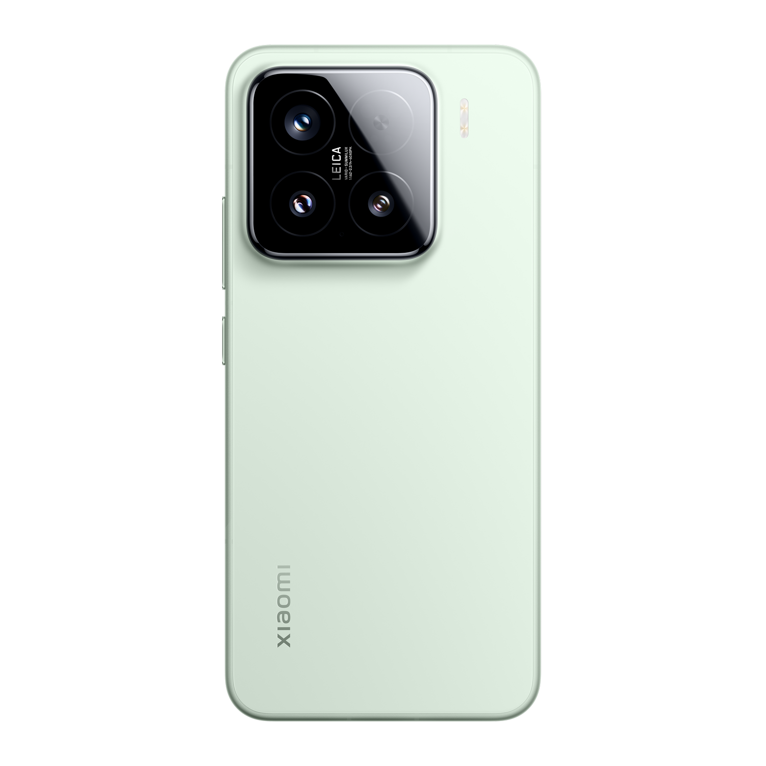 La parte trasera de un teléfono verde claro con cámaras Leica. El logotipo de Xiaomi está en la parte inferior.