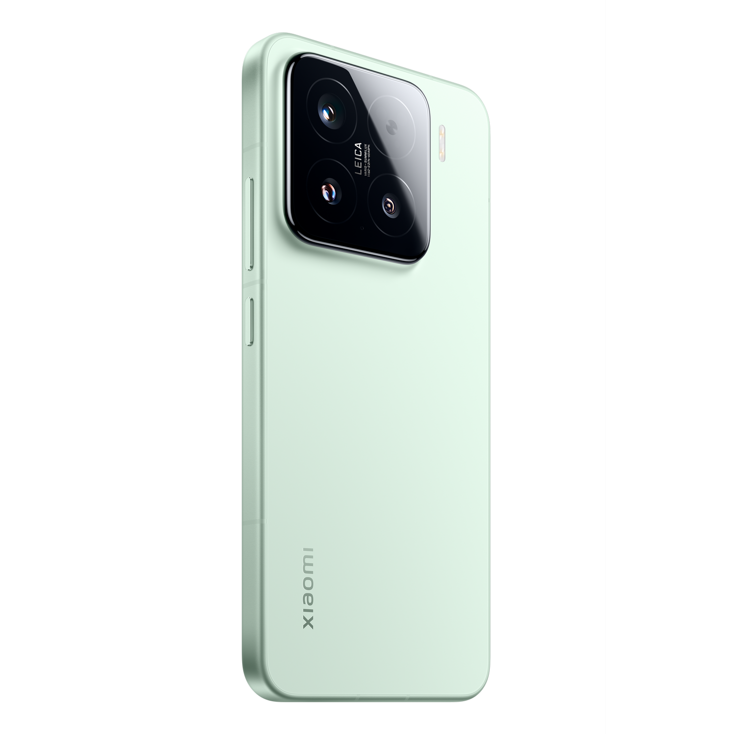 Teléfono verde menta con tres cámaras traseras. El teléfono tiene un logo Leica.