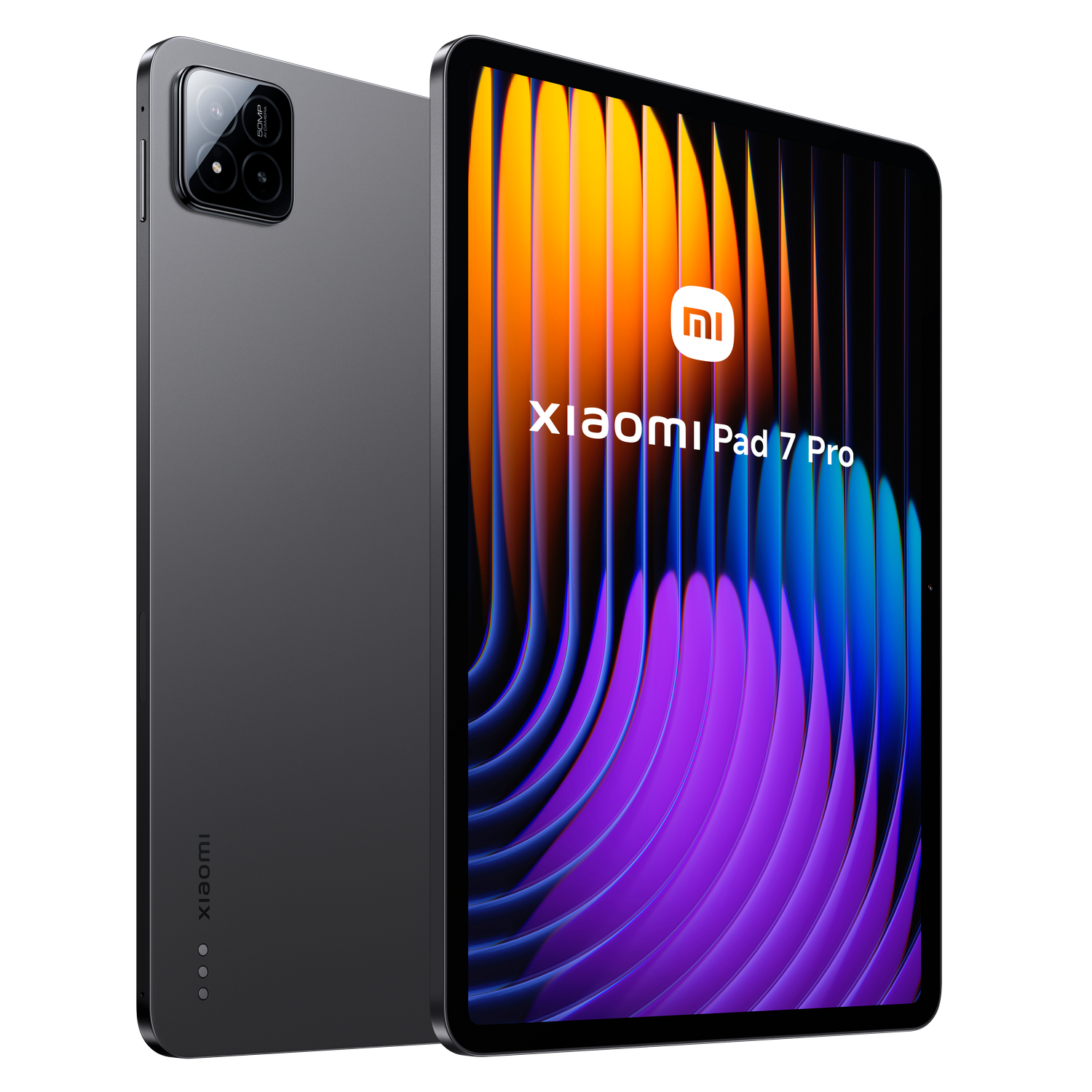 Una tableta gris Xiaomi Pad 7 Pro, mostrando la parte trasera y delantera con el logotipo de Xiaomi.