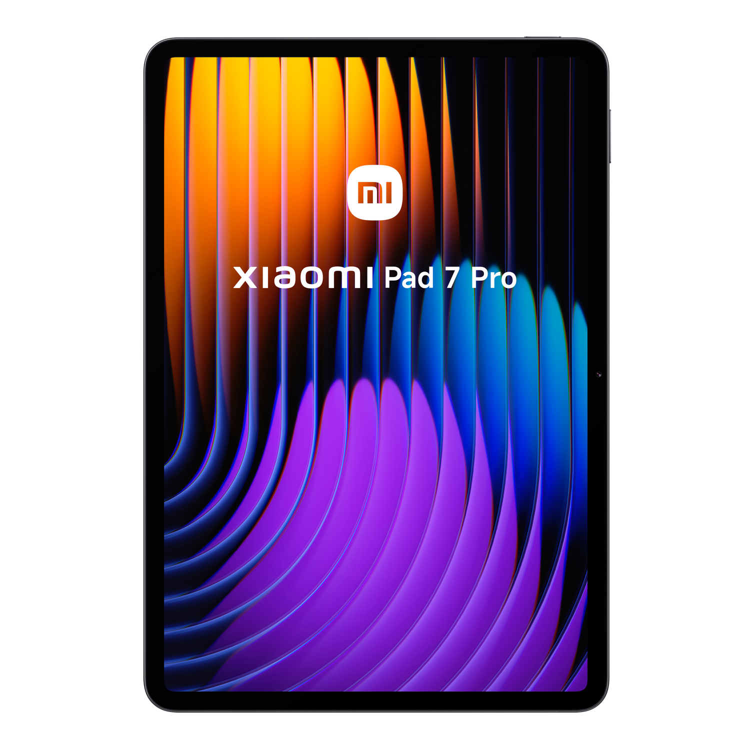 Tableta negra que muestra el logotipo de Xiaomi Pad 7 Pro y un fondo colorido de morado y naranja.