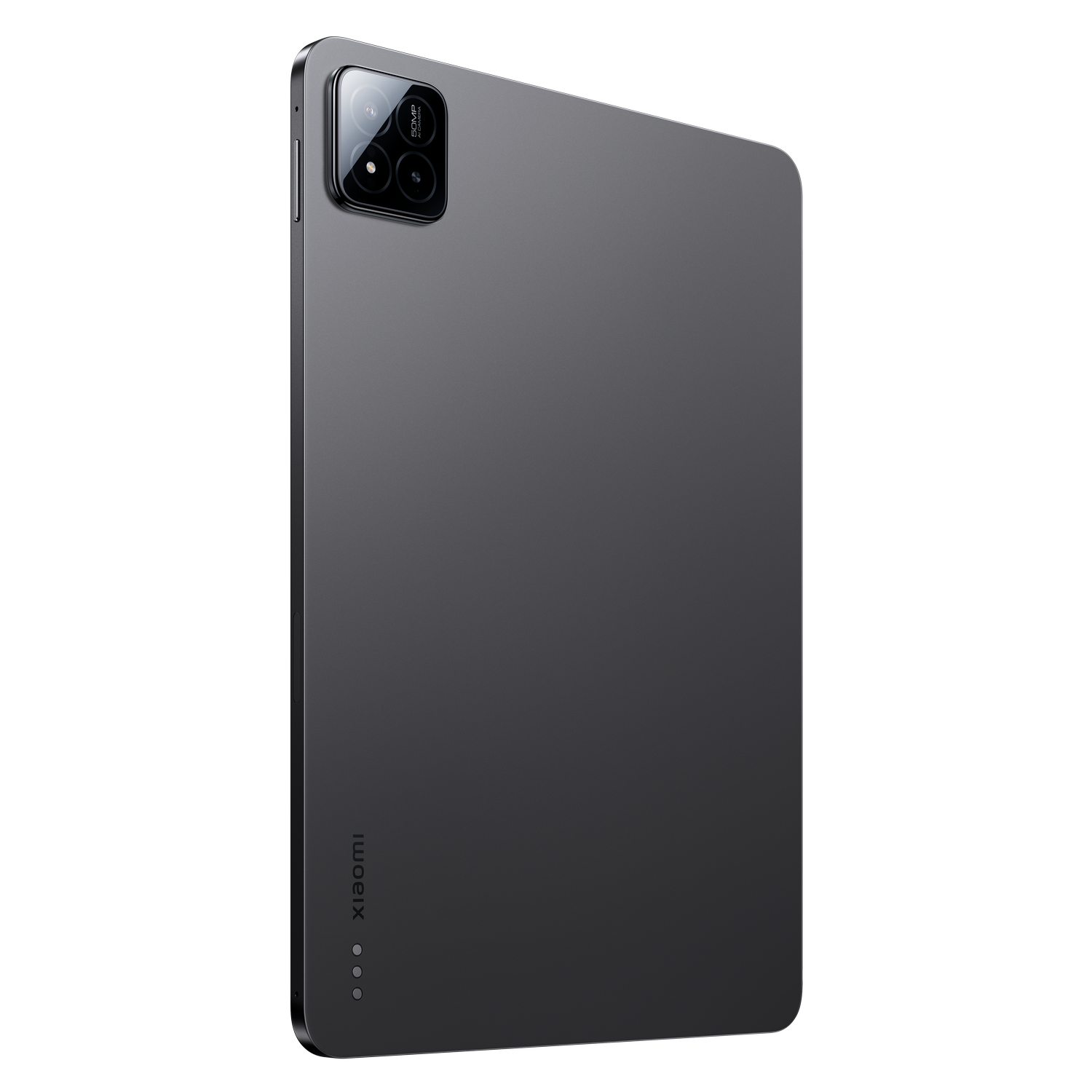 Una tableta gris con cámara dual, logo Xiaomi y tres puntos en la parte trasera.