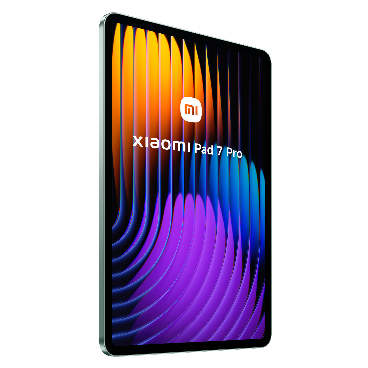Una tableta, con una pantalla colorida, sobre un fondo negro, con el logotipo y el texto de Xiaomi.