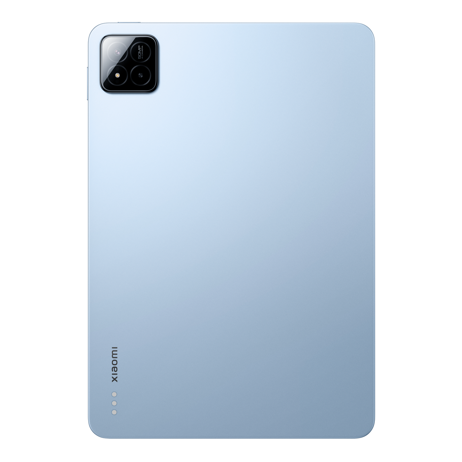 Tableta azul claro con cámara en la parte superior izquierda. El logotipo de Xiaomi está abajo a la izquierda.