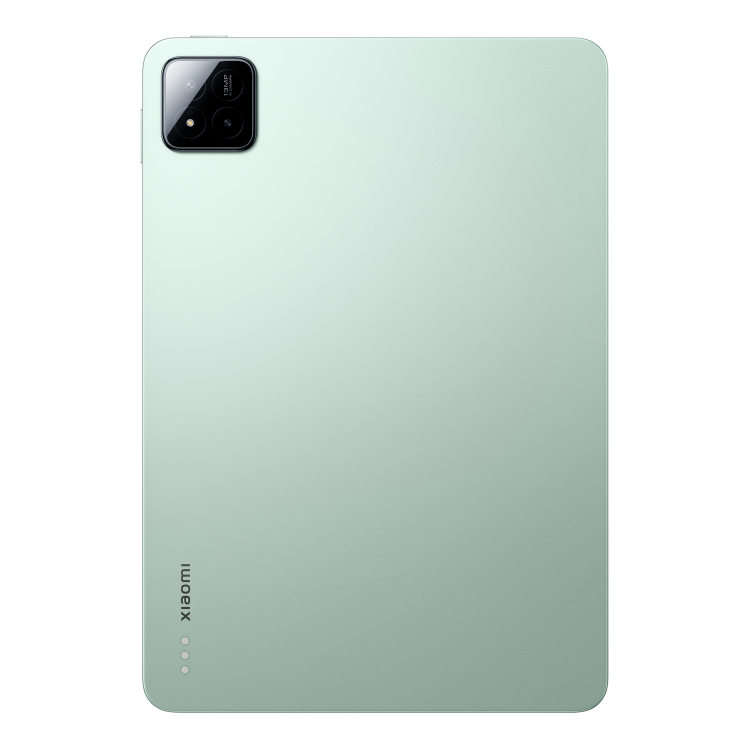 Una tableta Xiaomi verde claro con cámara en la esquina superior izquierda, vista trasera.