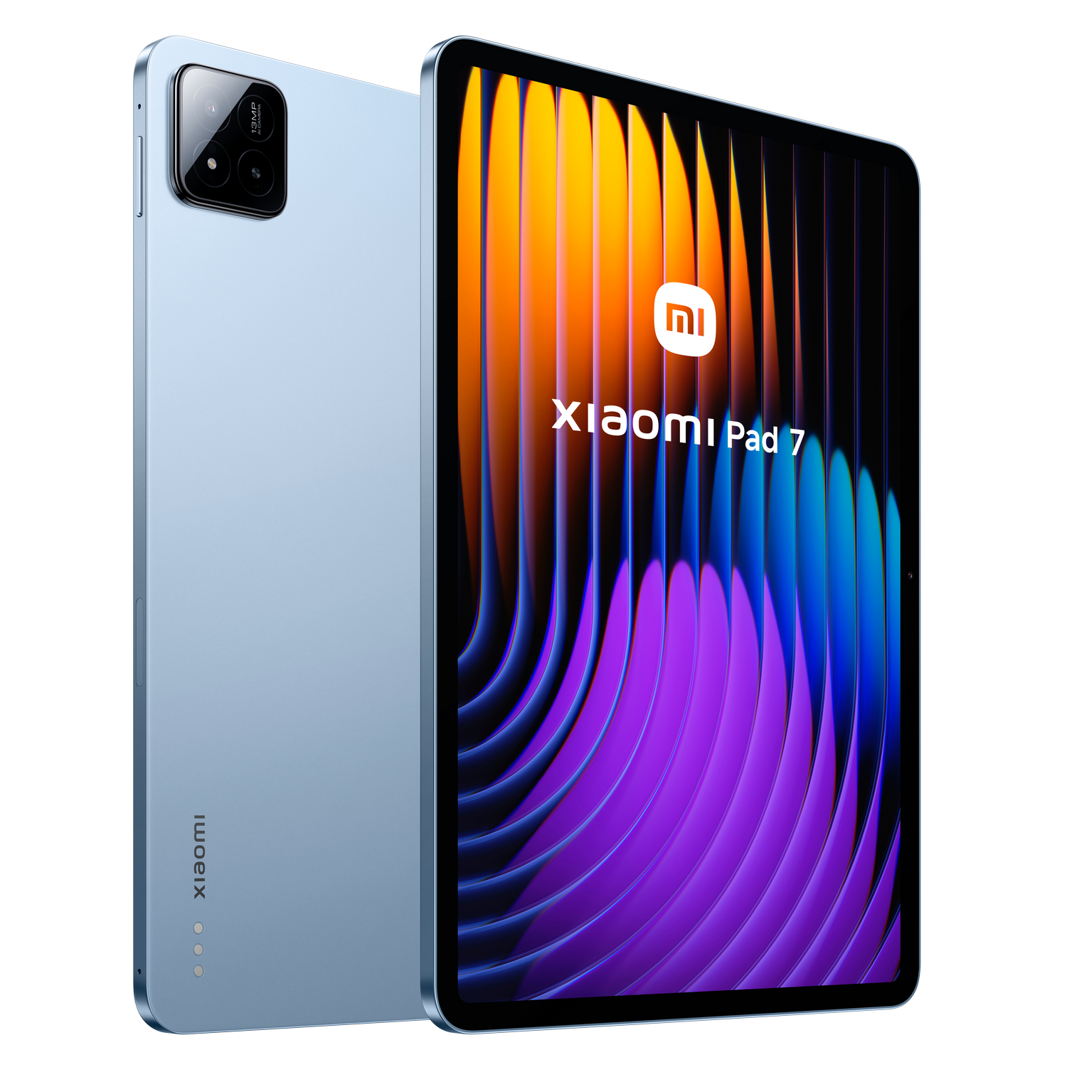 Una tableta Xiaomi Pad 7 azul claro con cámara y pantalla que muestra gráficos coloridos. Fondo negro.