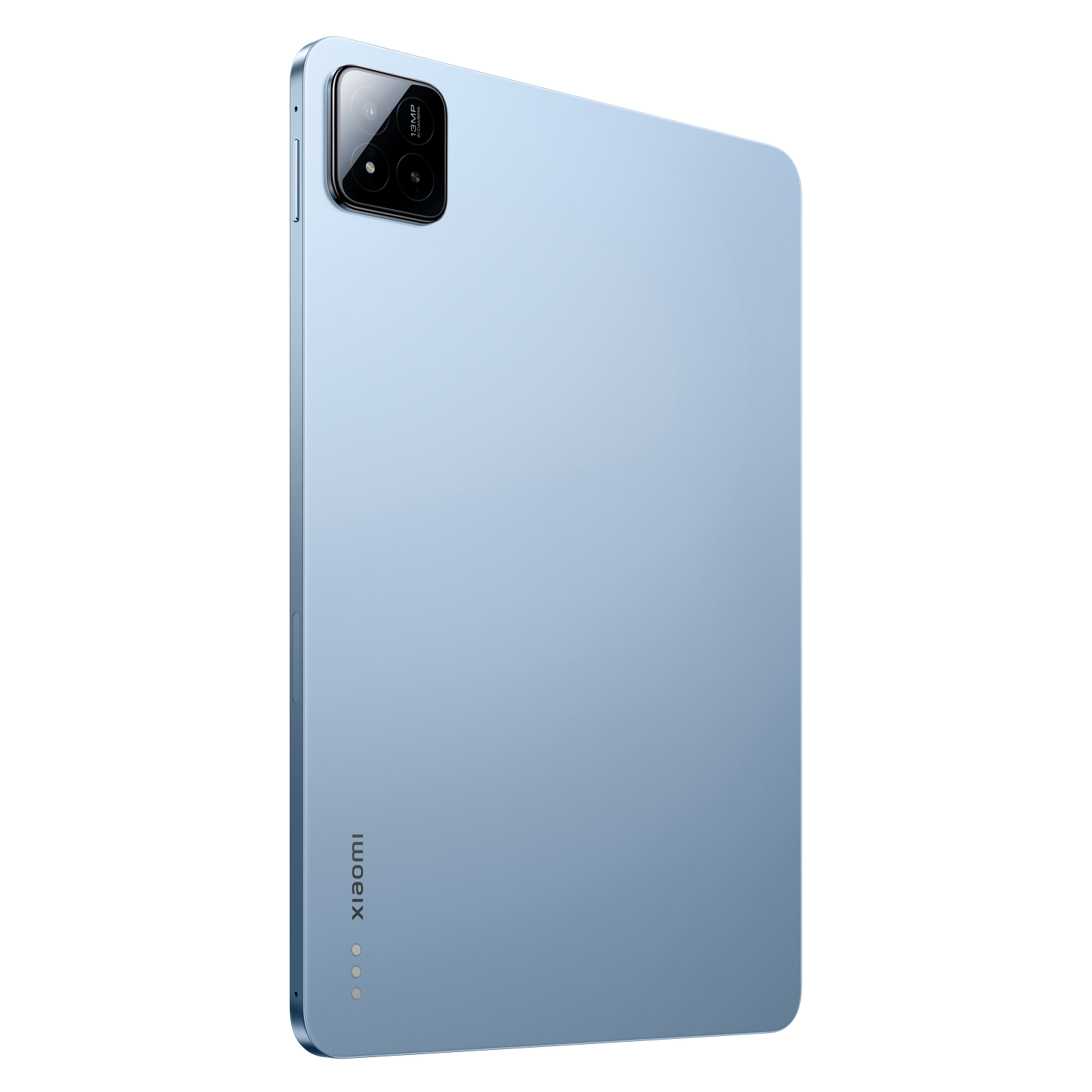 Una tableta azul claro con una protuberancia para la cámara, sobre un fondo negro. Logotipo de Xiaomi abajo.