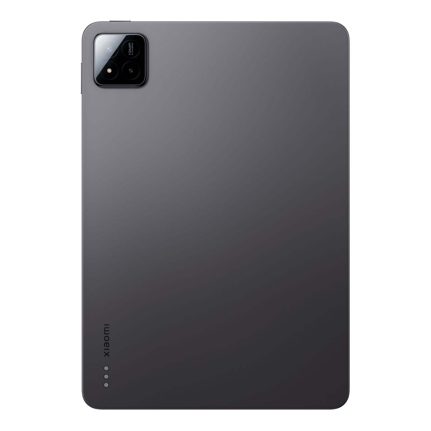 Parte trasera de una tableta gris oscuro con cámara dual y logo Xiaomi.