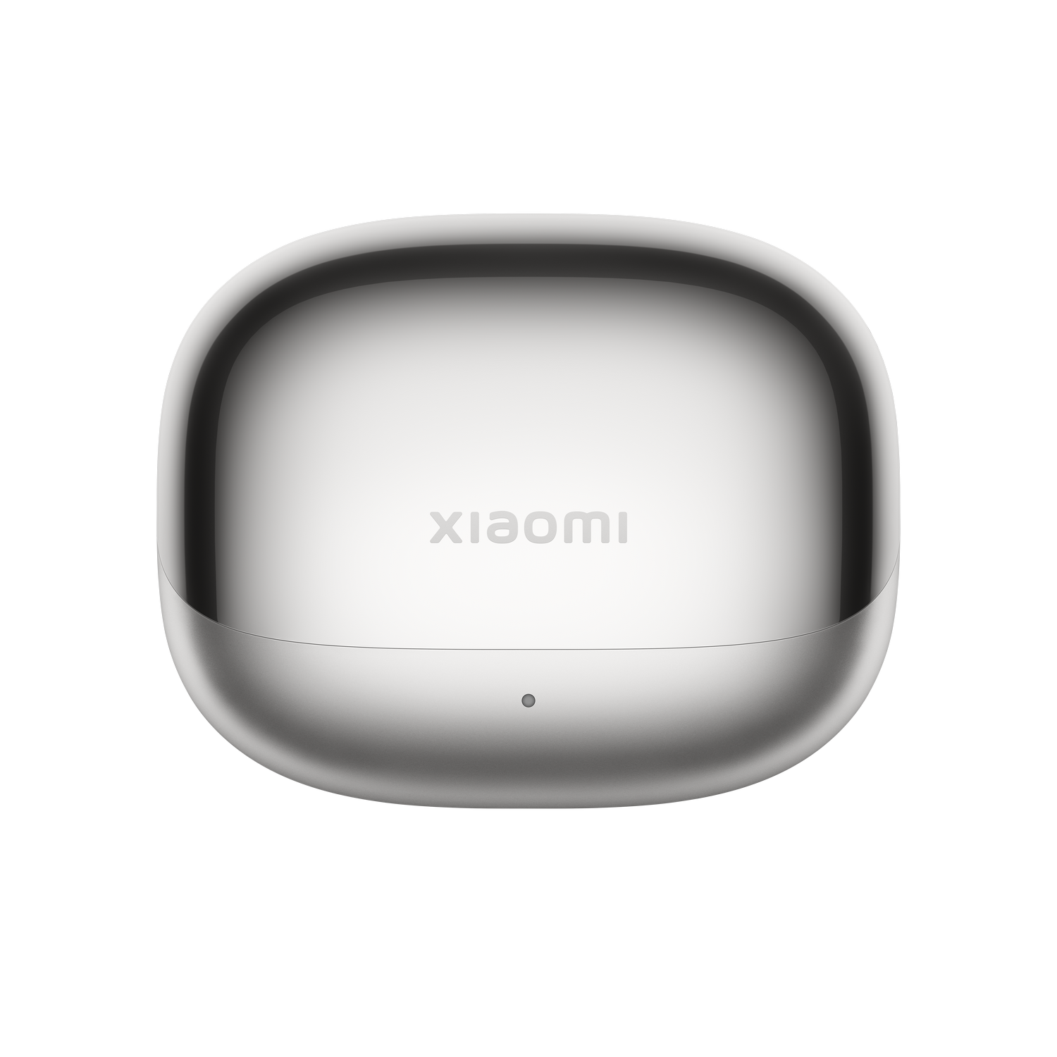 Estuche de carga plateado para auriculares con el logo de Xiaomi.