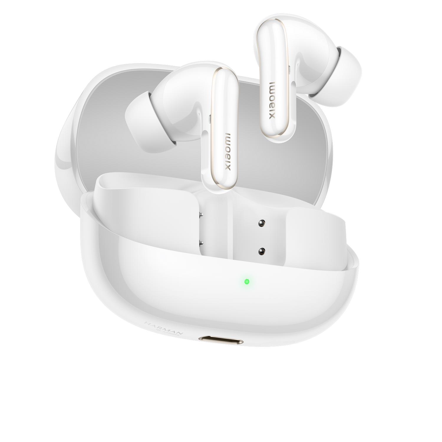 Auriculares Xiaomi blancos con un estuche de carga abierto, mostrando los auriculares dentro.