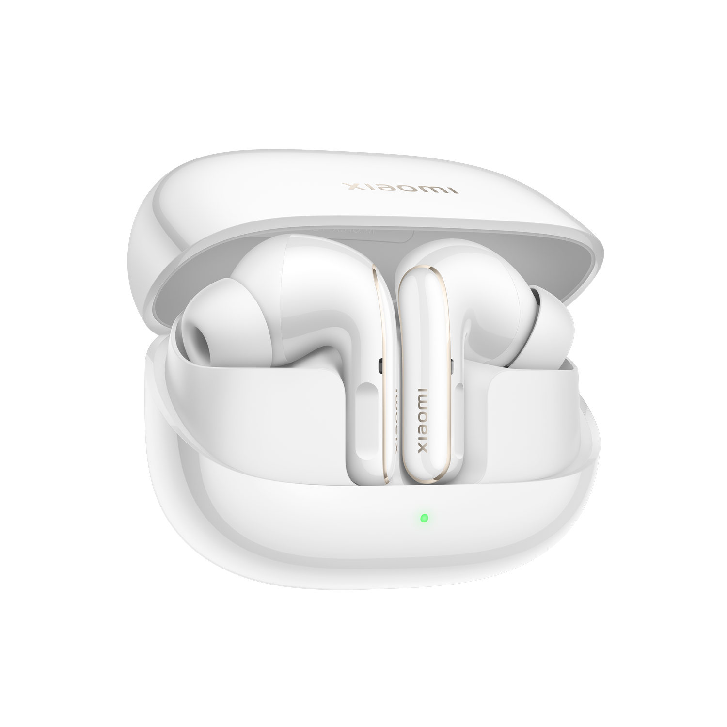 Estuche de auriculares blanco con dos auriculares blancos dentro. La marca 'Xiaomi' es visible en el estuche.