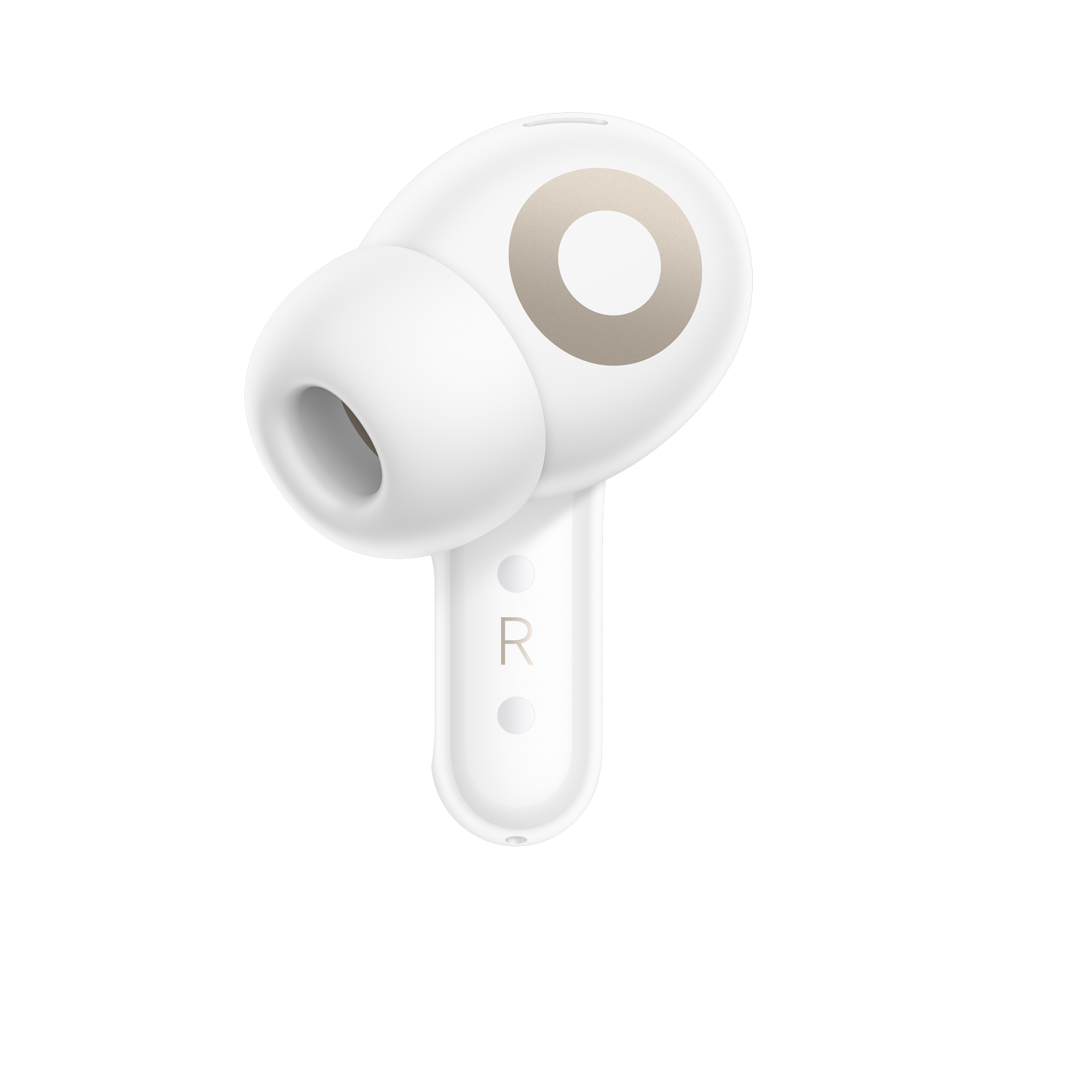 Auricular blanco con diseño circular, la letra R está en el tallo.
