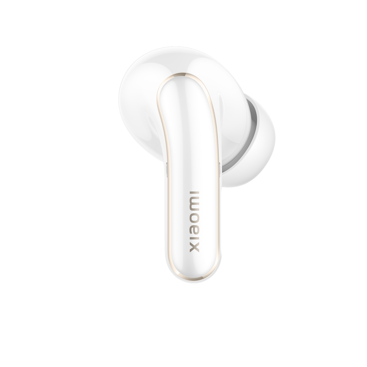 Auricular Xiaomi blanco, aislado sobre fondo negro. El auricular está en ángulo.