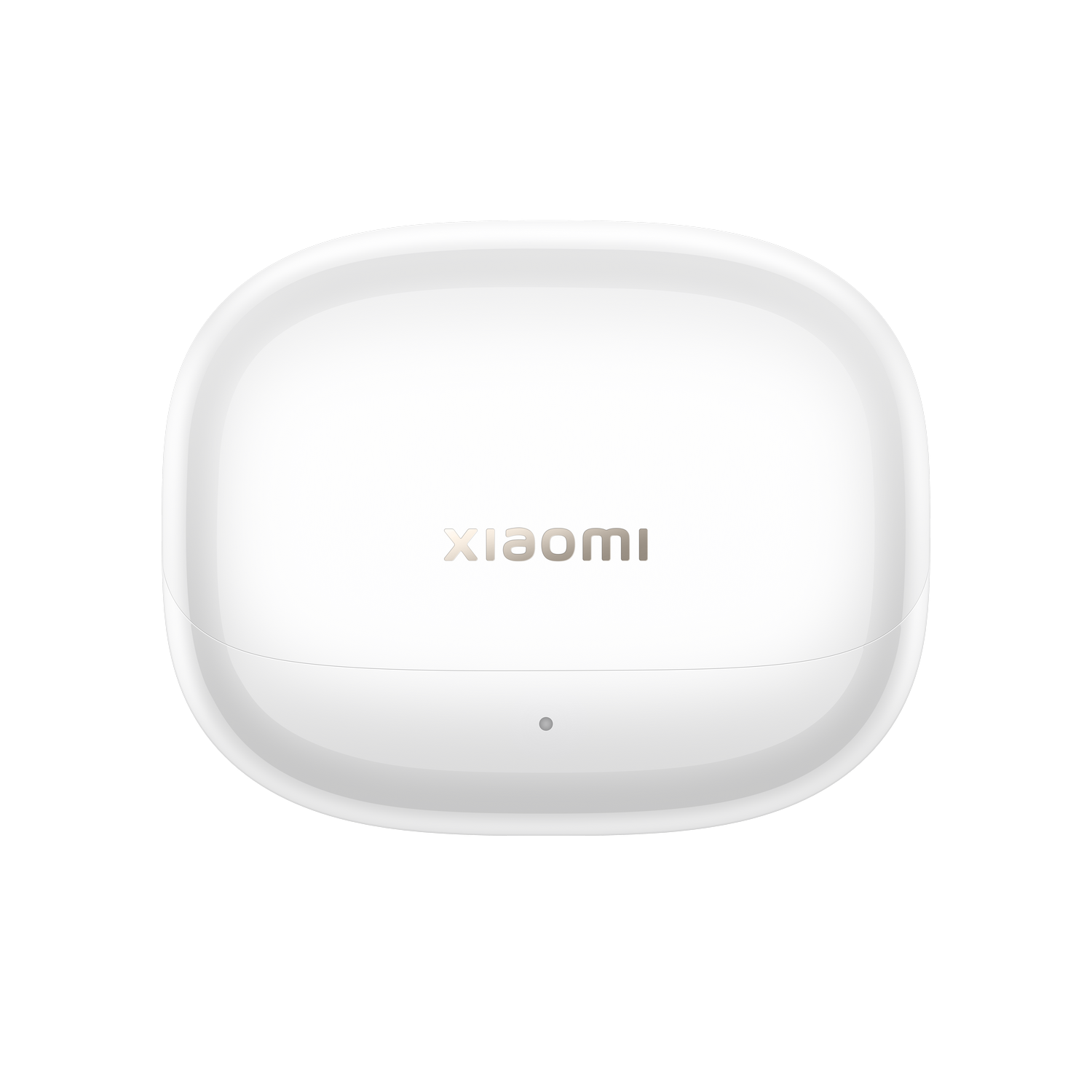 Un estuche de carga cuadrado redondeado blanco para auriculares, con la marca Xiaomi.