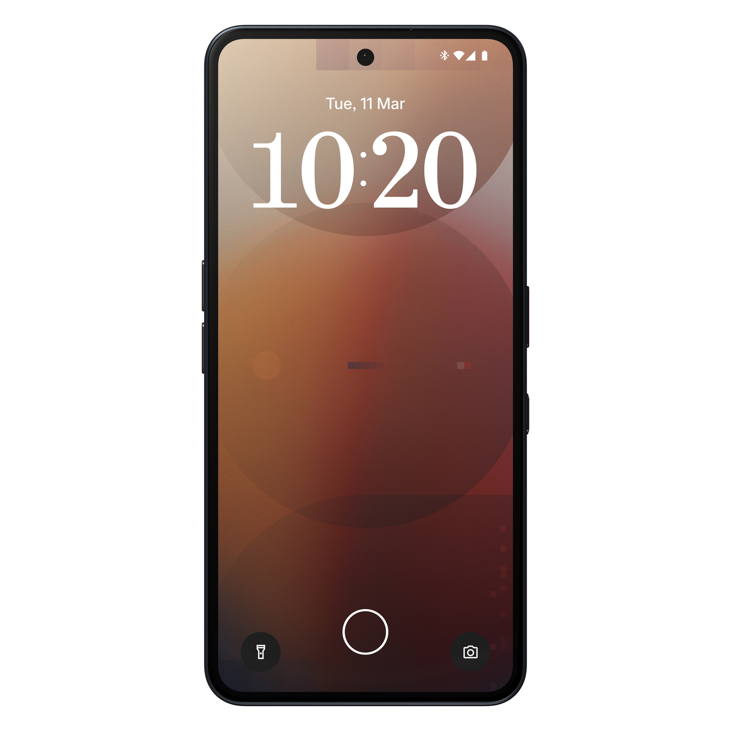Un smartphone mostrando la hora y fecha. La pantalla tiene un diseño marrón y naranja.