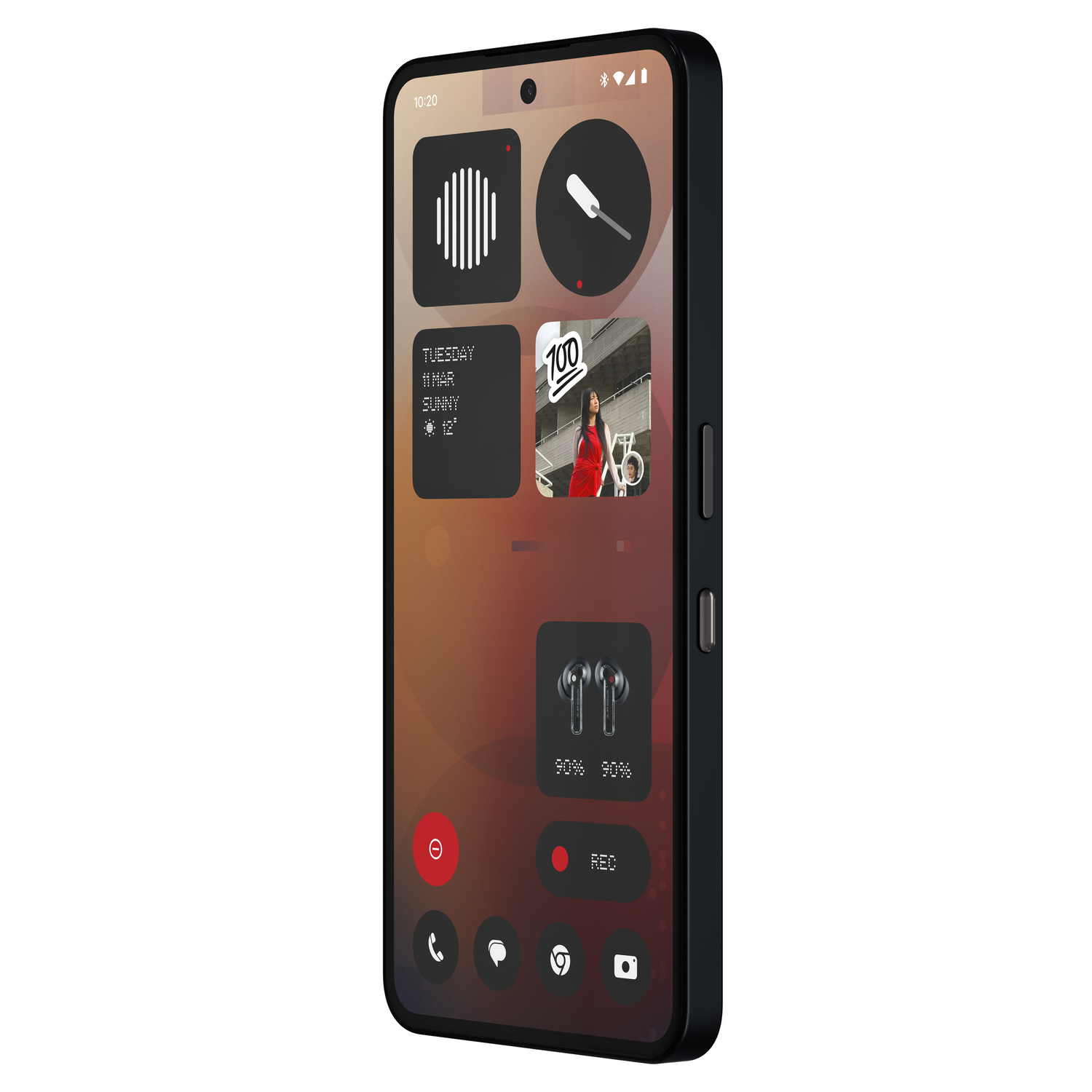 Smartphone con widgets en pantalla y auriculares.