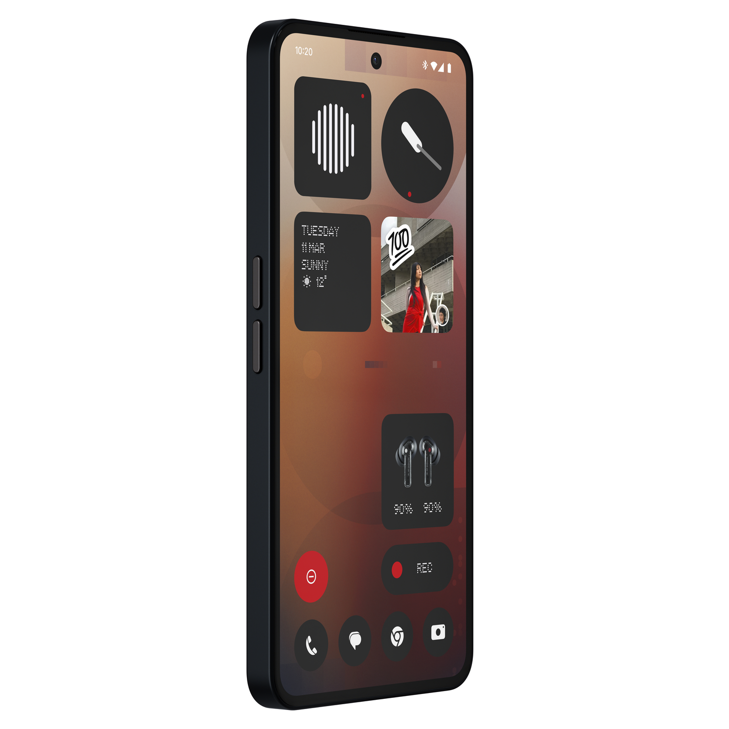Pantalla de smartphone con widgets: hora, clima y una persona con auriculares.