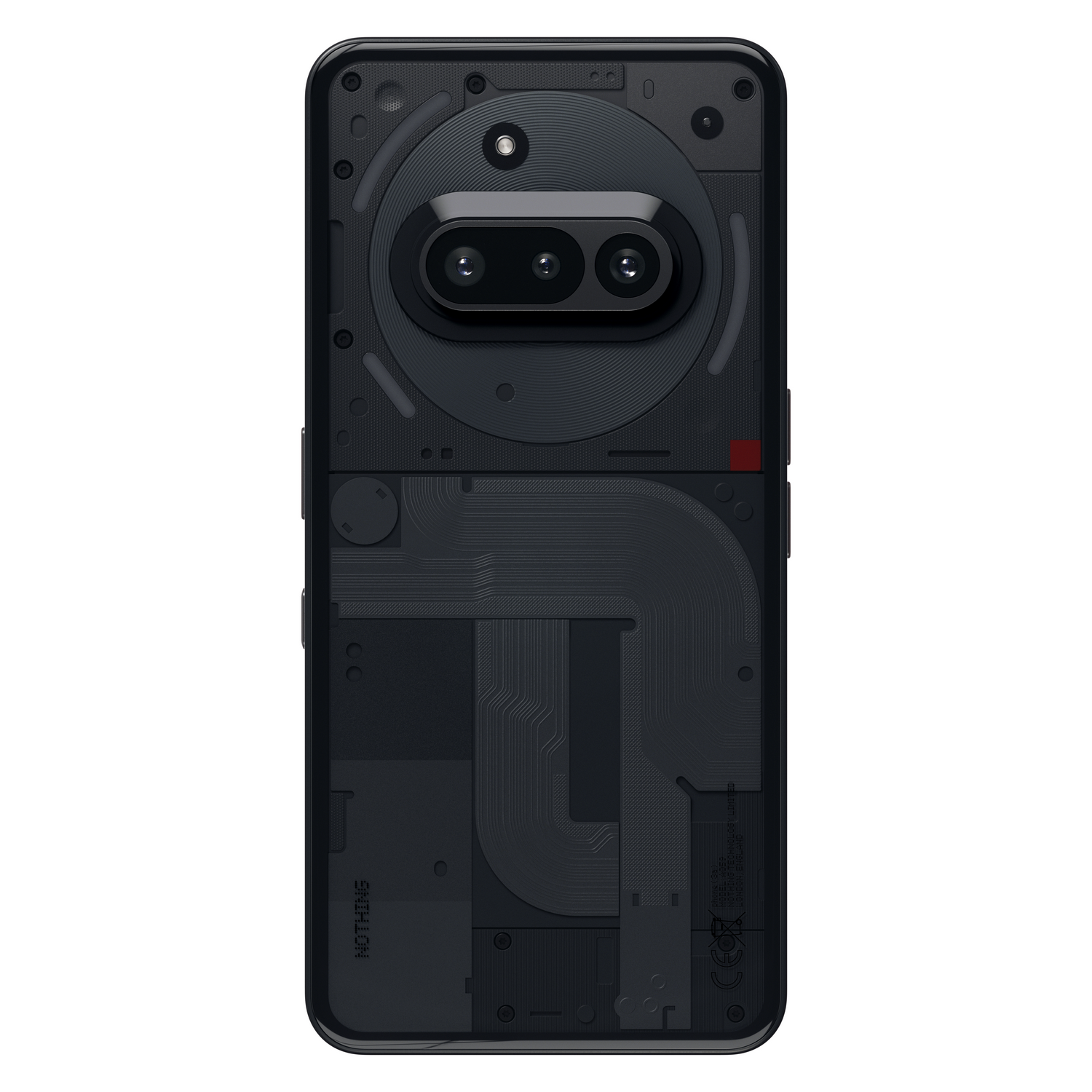 Teléfono Nothing negro que muestra una parte trasera transparente con componentes internos visibles.