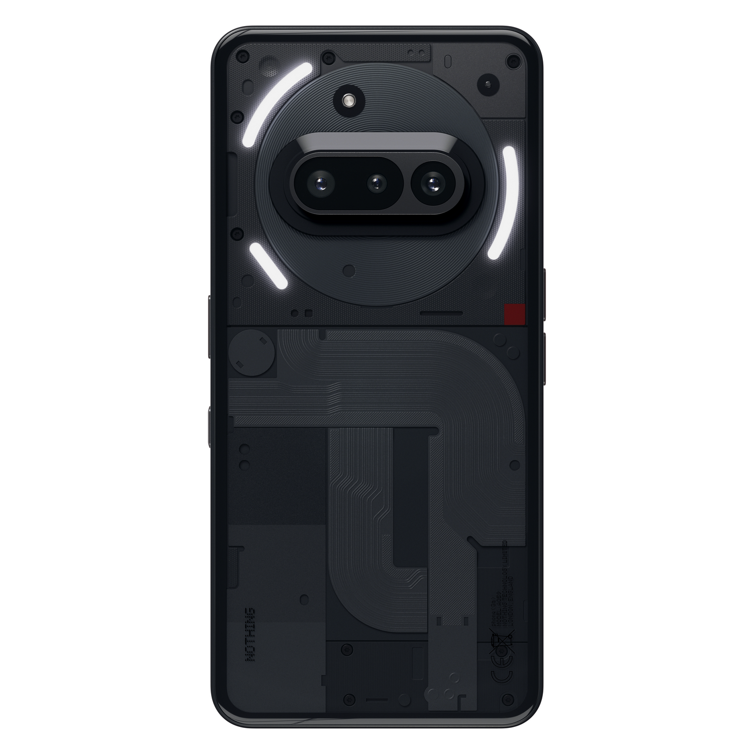 Vista trasera de un teléfono Nothing negro con diseño transparente, mostrando componentes internos.