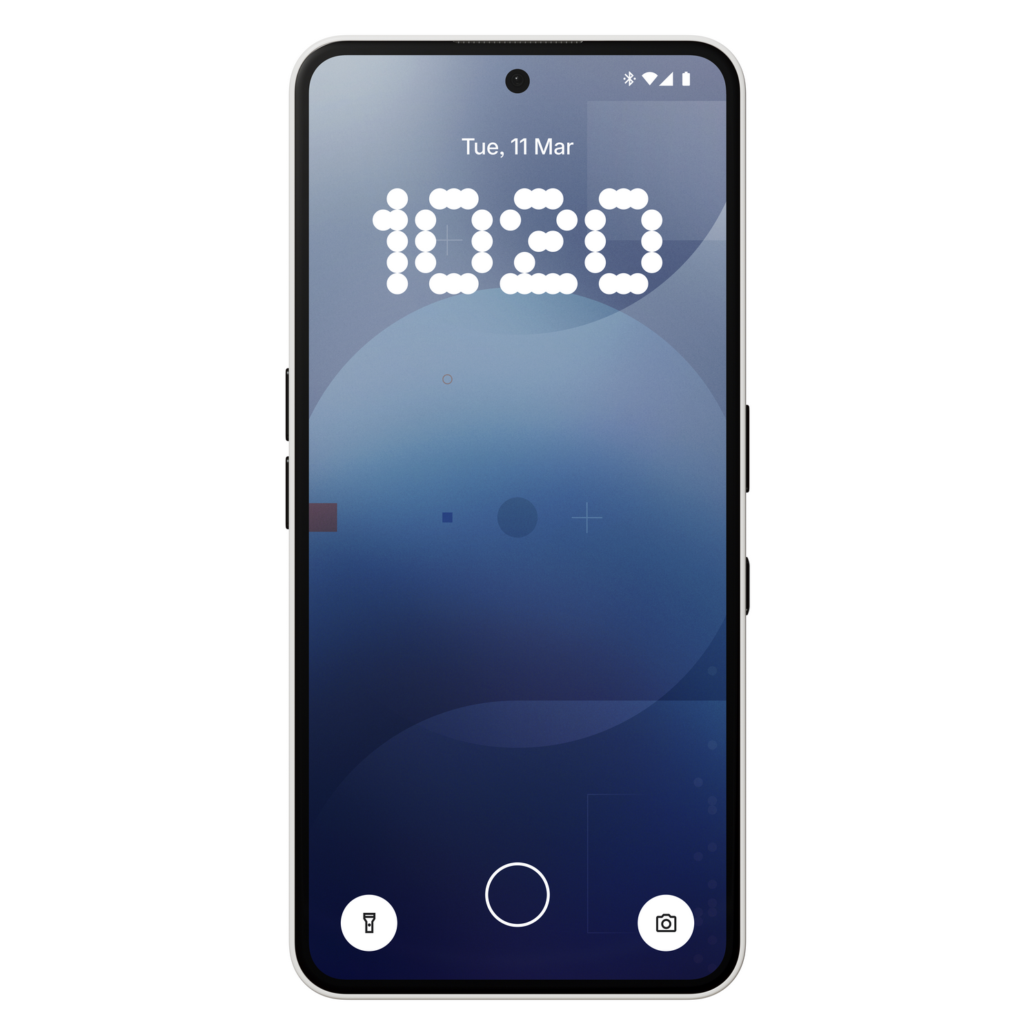 Pantalla negra de teléfono mostrando hora y fecha. El teléfono es negro con marco blanco.