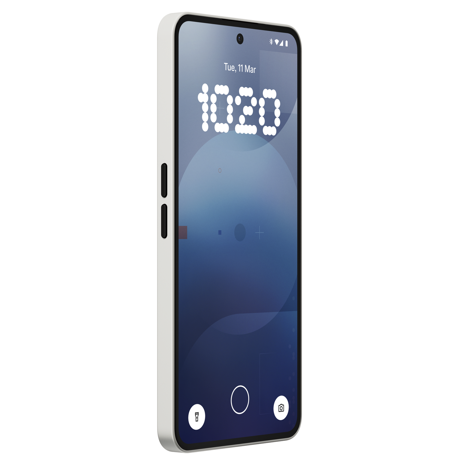 Smartphone en una funda blanca, mostrando la hora y una interfaz digital. Fondo blanco.